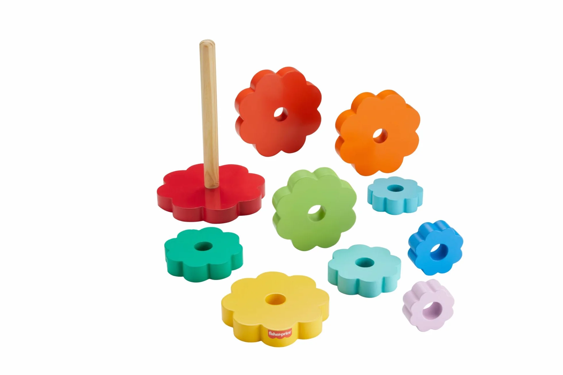 Fisher-Price Drewniana piramidka Kolorowe kwiatki Zestaw z 10 elementami do zabawy w układanie Zabawka drewniana dla dzieci od 18 miesiąca życia, HXT77