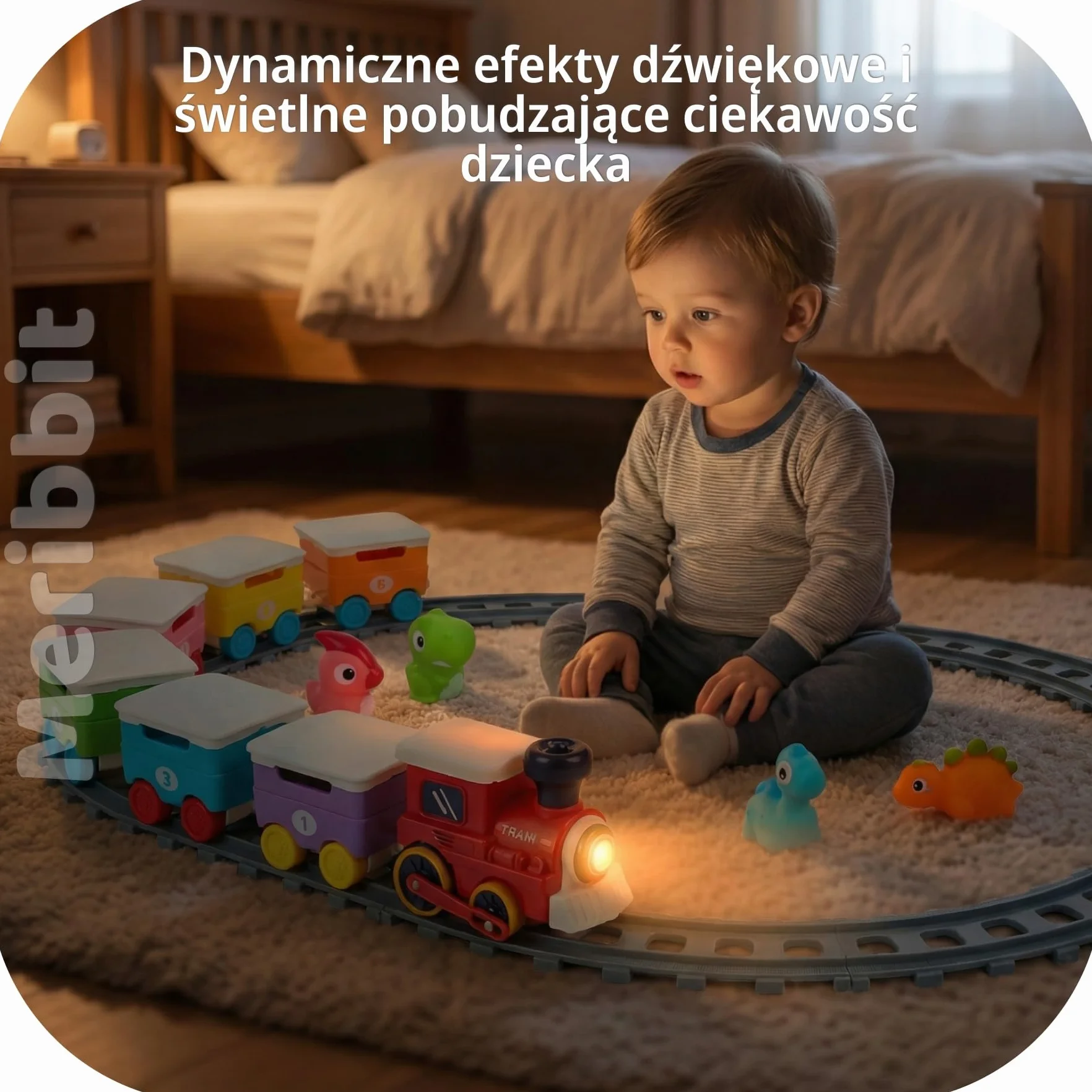 Kolejka z Torami, Światło i Efekt Pary, Dinozaury Pacynki na Palce, Zabawki Montessori Sensoryczne, Edukacyjne dla Dzieci 2 Lata, Prezent 1-3 Lata