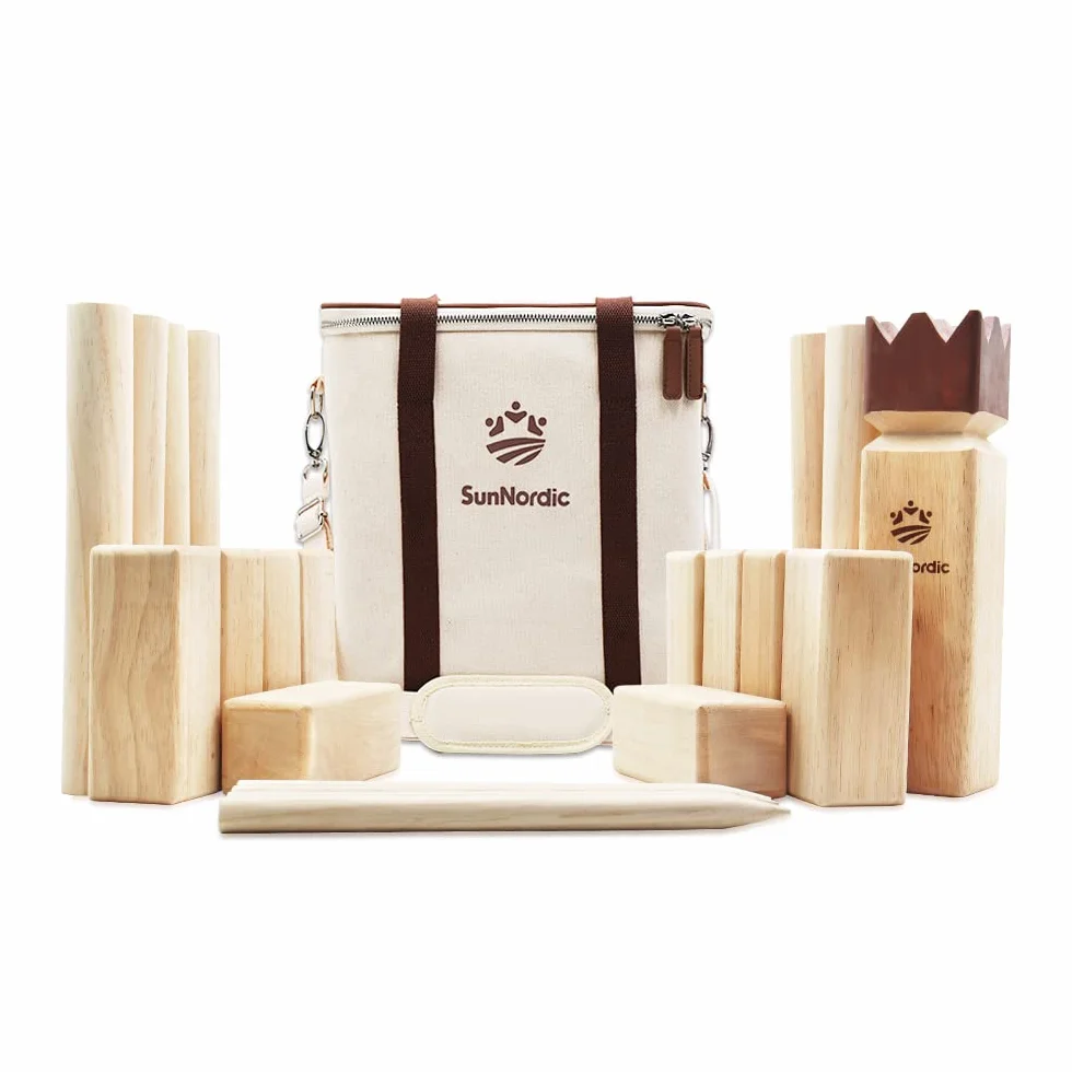 SunNordic Kubb gra rzucania Wikingów, szwedzka gra szachowa z drewna gumowego, torba i instrukcja