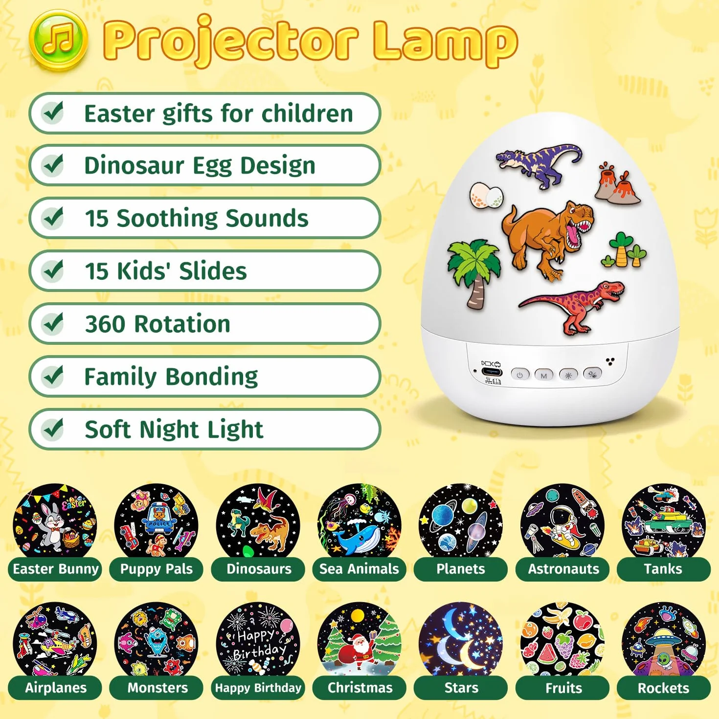 One Fire DIY jajko z dinozaurem na Wielkanoc projektor dla dzieci, prezent wielkanocny dla chłopców i dziewczynek, lampka nocna z 14 filmami i naklejkami, 360° lampa z muzyką, timerem i pilotem