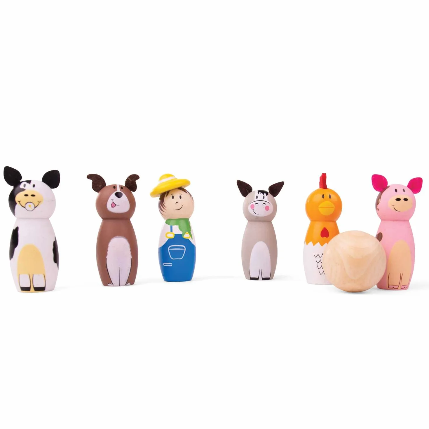 Bigjigs Toys Farm Wooden Skittles - Wooden Skittles for Toddlers with 6 Animal Skittles & 1 Bowling Ball, Educational Toy & Gifts for Kids aged 2 years +