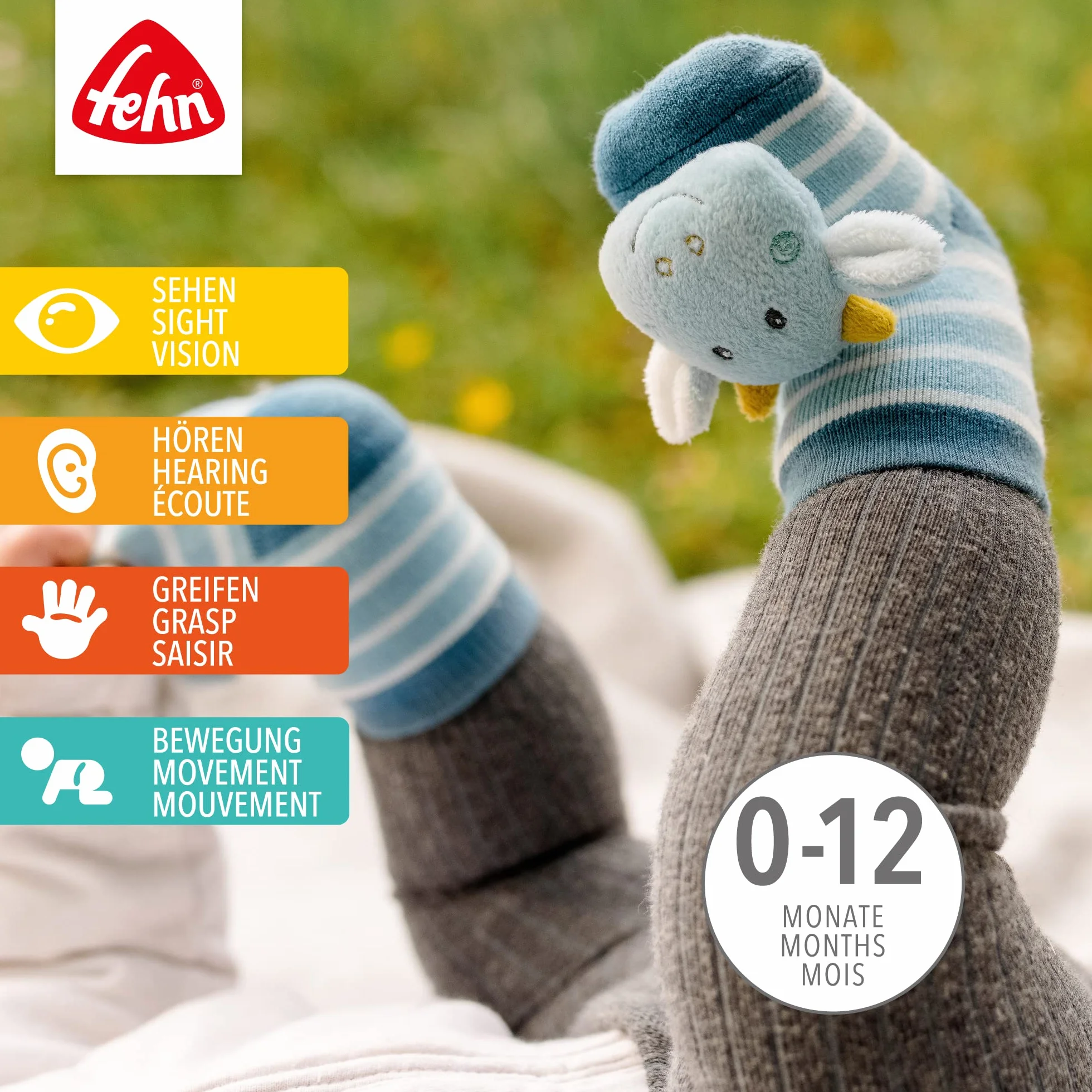 Fehn Rasselsöckchen Drache/Activity-Babysöckchen mit niedlichen Tier-Köpfchen zum Greifen, Rasseln, Strampeln & Geräusche erzeugen, Lernspielzeug für Babys von 0-12 Monaten, Einheitsgröße