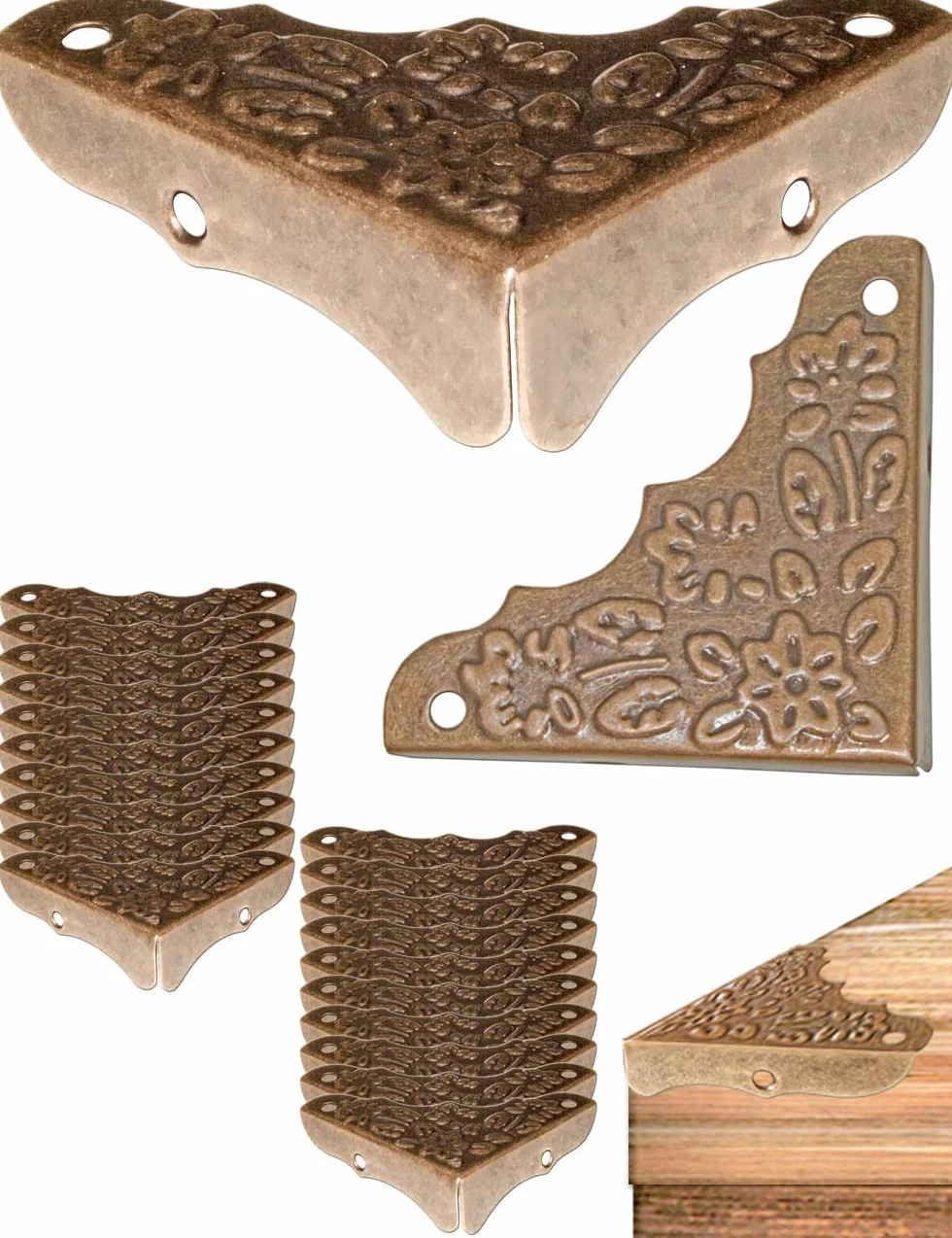 Fuxxer® 20 x antyczne narożniki meblowe, okucia, ochrona krawędzi, do skrzyń, mebli, regałów, stołów, vintage, mosiądz, antyczny wygląd, zestaw 20 sztuk