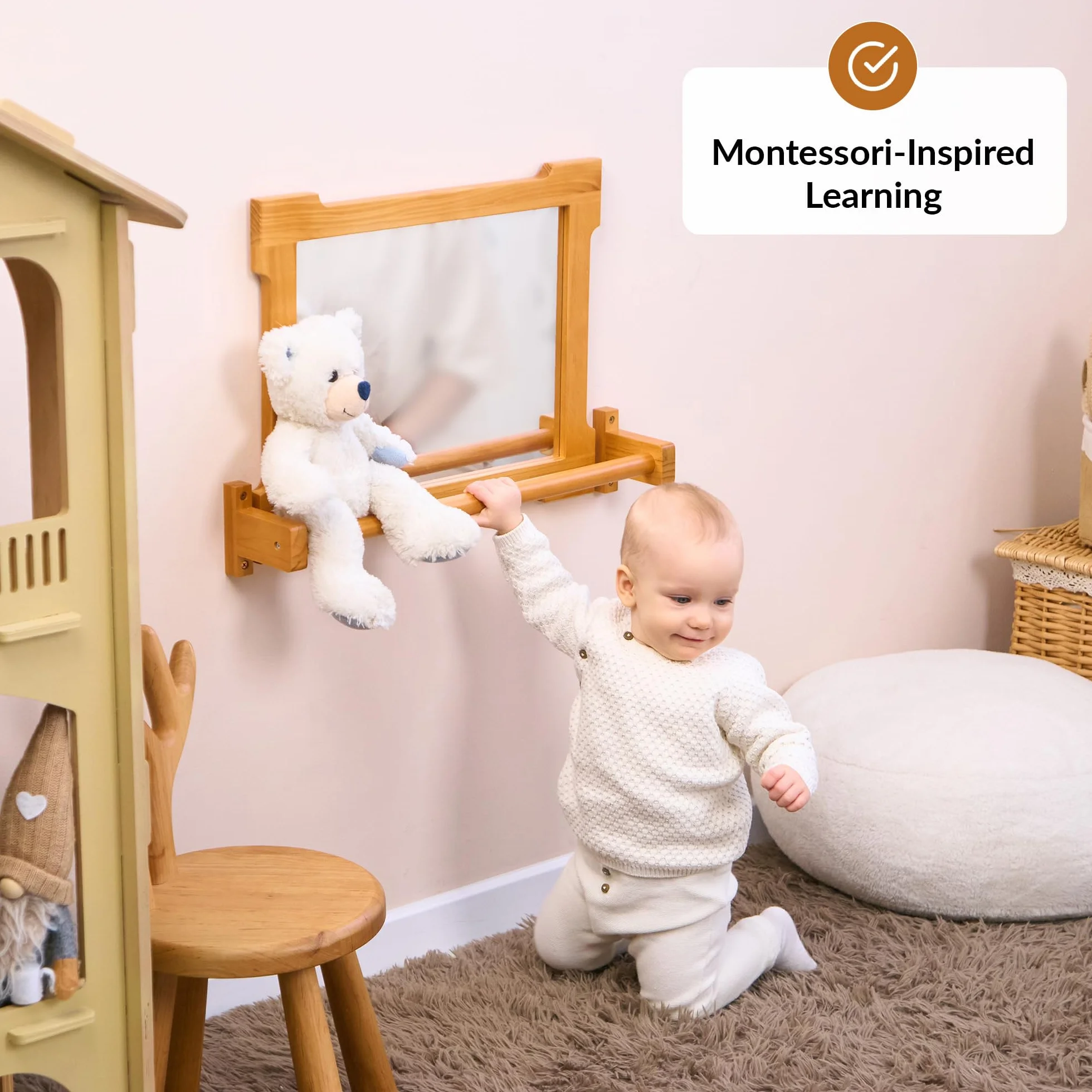 ODOXIA Montessori lustro z drążkiem dla małych dzieci | z uchwytem do stania i chodzenia | drewniana rama do motoryki i rozwoju | idealny pokój zabaw i sala lekcyjna | dla niemowląt