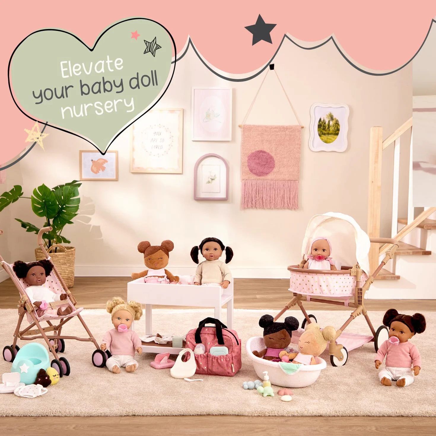 LullaBaby Składany kojec – różowe łóżeczko – gwiazda – nadruk – 35 cm akcesorium do pokoju dziecięcego dla lalek – zabawa w udawanie – kojec dla dzieci od 2 roku życia