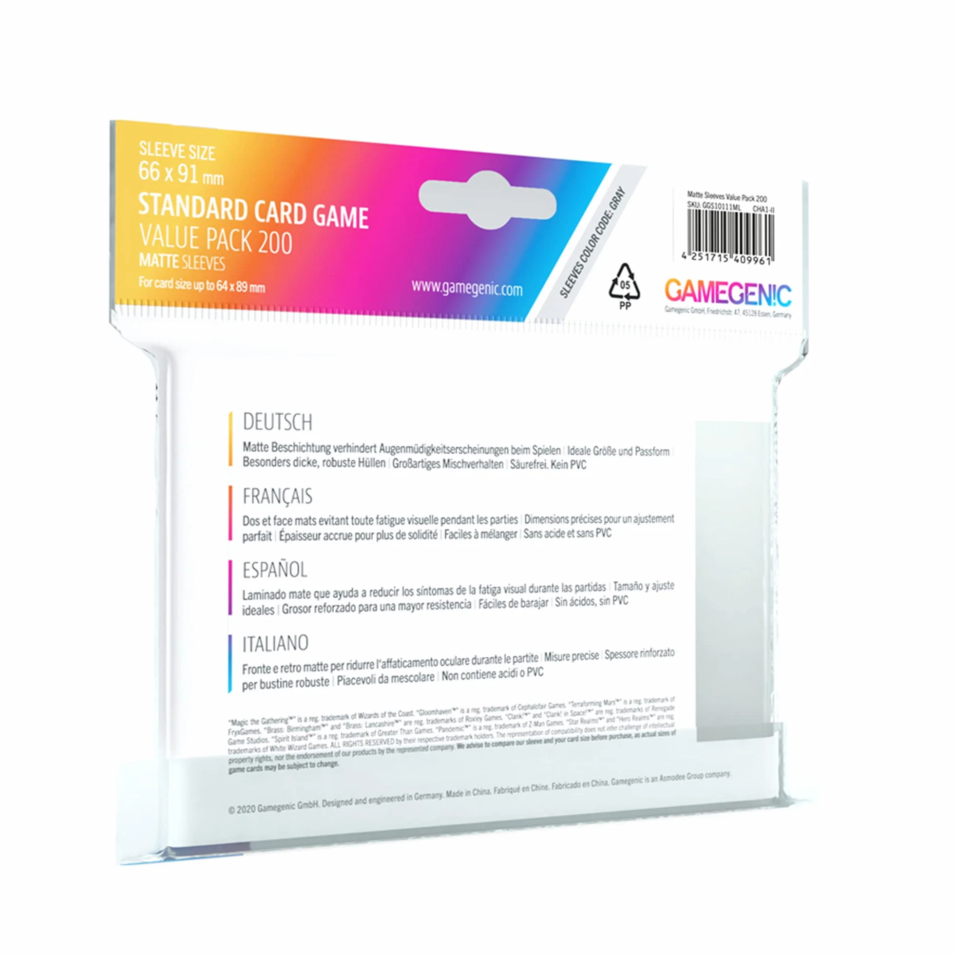 Gamegenic Standardowy pakiet kart do gier ekonomicznych matowe rękawy - przezroczyste (200 ct.)
