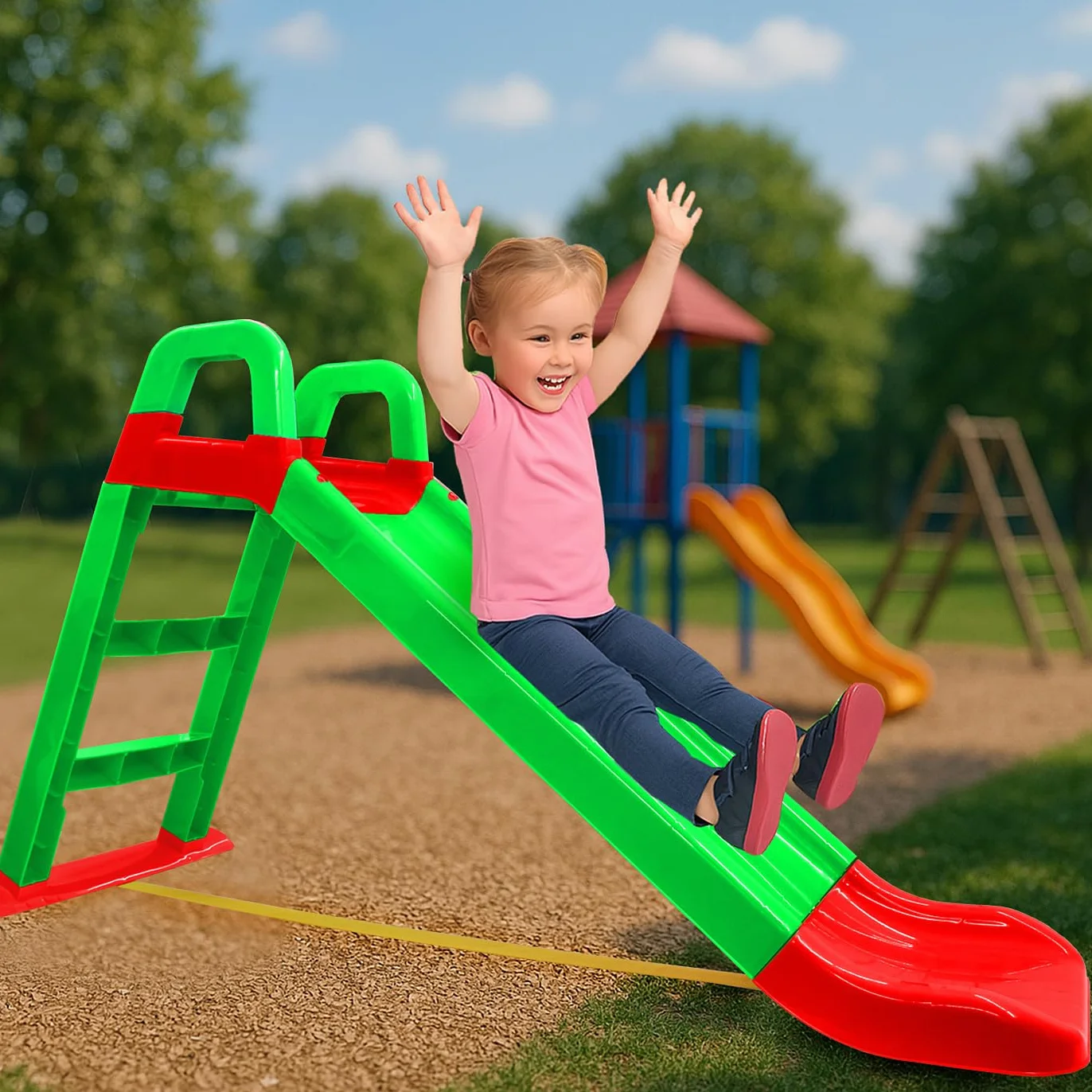 JAMARA 460502 - zjeżdżalnia Funny Slide – wykonana z wytrzymałego tworzywa sztucznego, wylewka antypoślizgowa do delikatnych lądowań, szerokie stopnie i uchwyty bezpieczeństwa, linka stabilizująca,