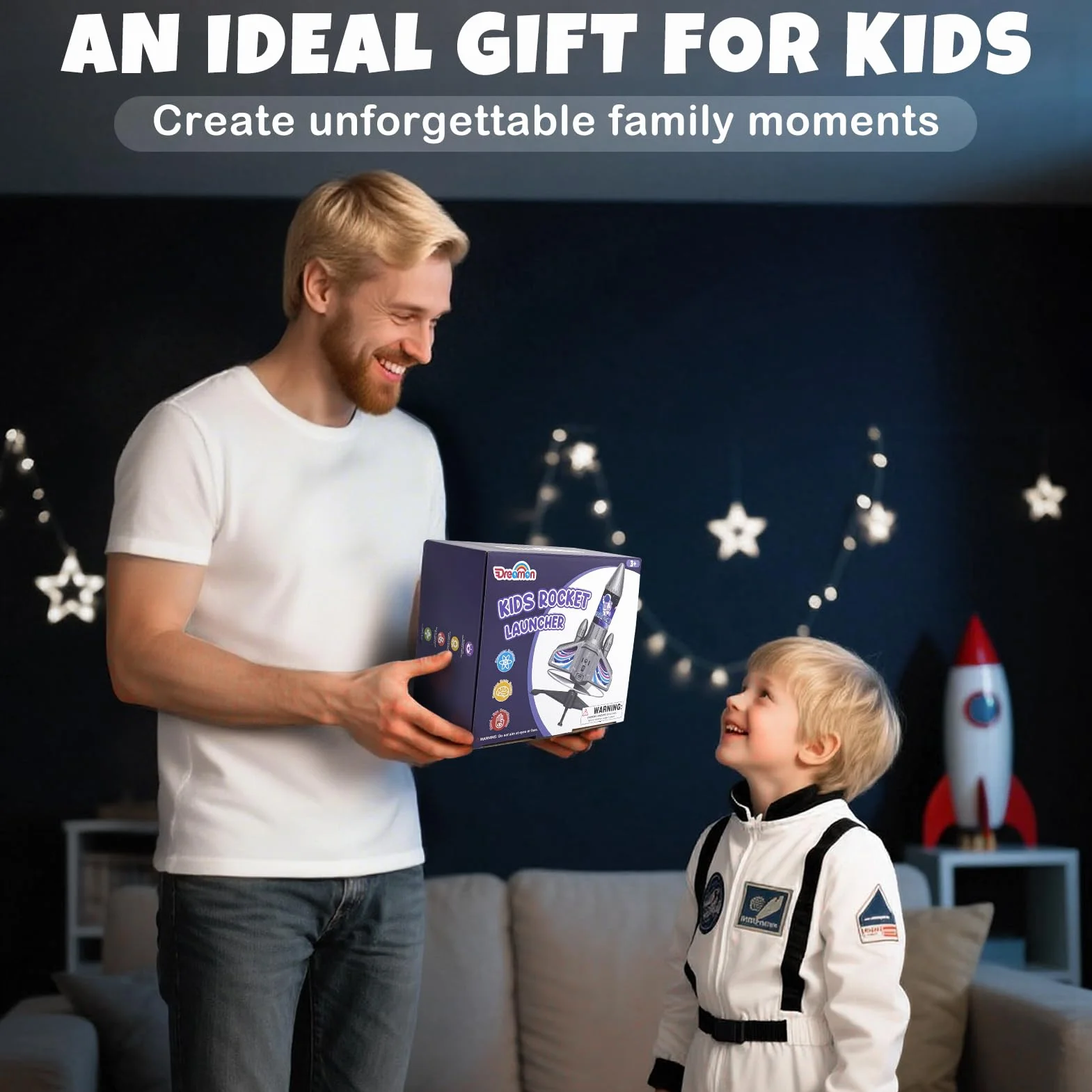 Dreamon Rakieta dla dzieci ze spadochronem LED, zmotoryzowana rakieta, zabawka outdoorowa, prezent dla dzieci w wieku 6, 7, 8, 9 lat