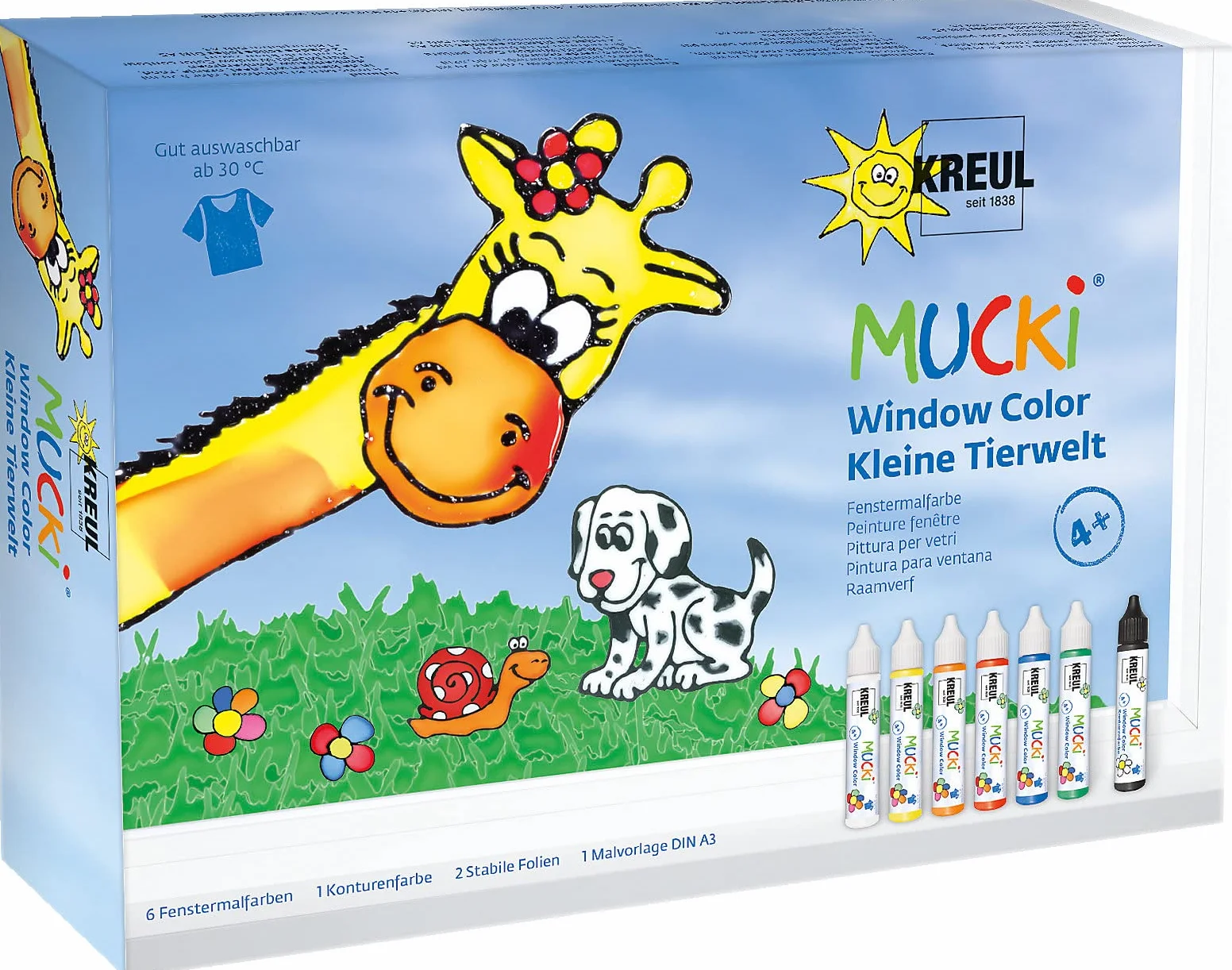 KREUL 24451 - Mucki Window Color Mały Świat Zwierząt - zestaw z 7 kredkami do kolorowania okien o pojemności 29 ml, plastikowymi kartami i szablonami, wegański, bezglutenowy, bez laktozy