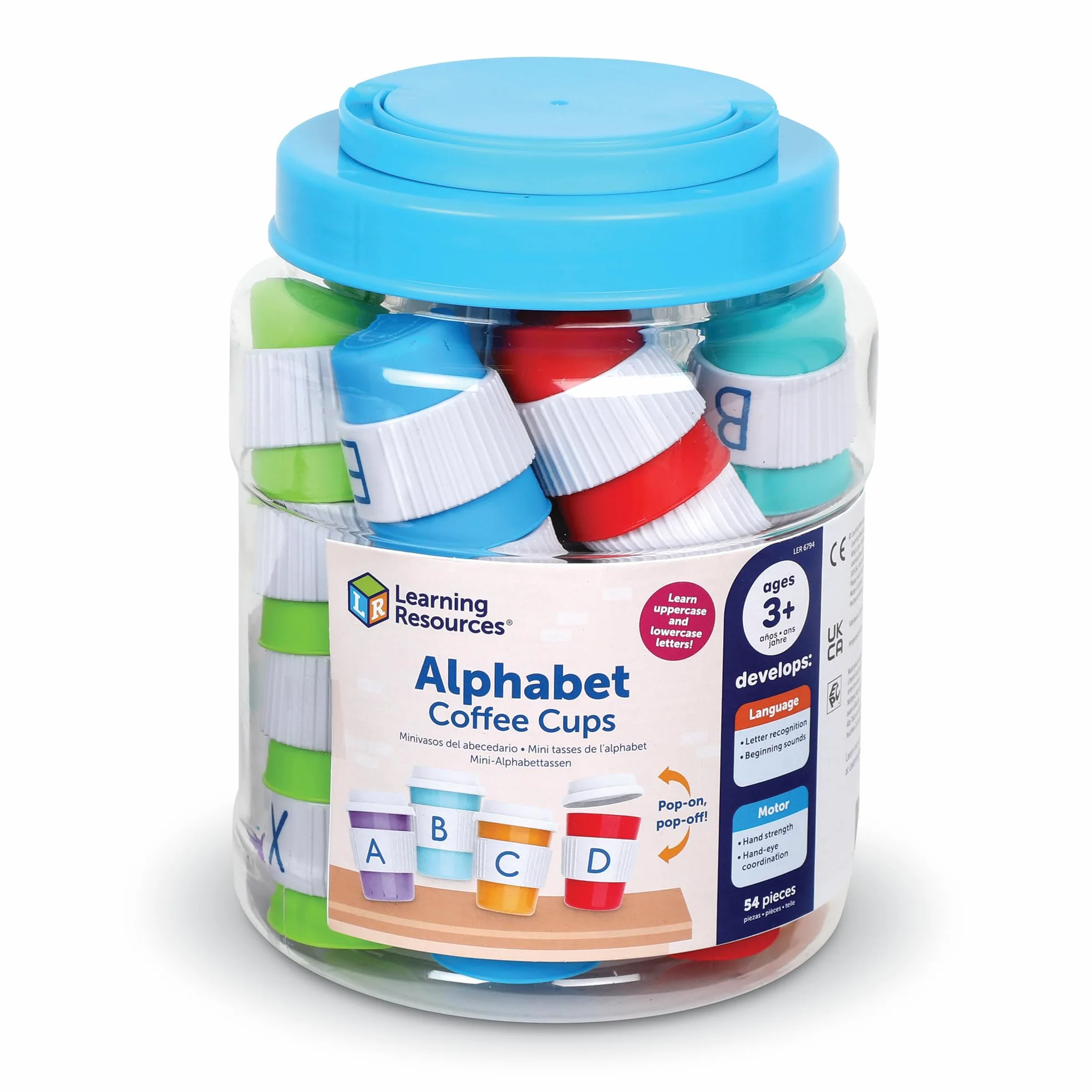 Learning Resources Alphabet Coffee Cups kubki z alfabetem zabawka do rozpoznawania liter i dopasowywania dla dzieci od 3 do 8 lat