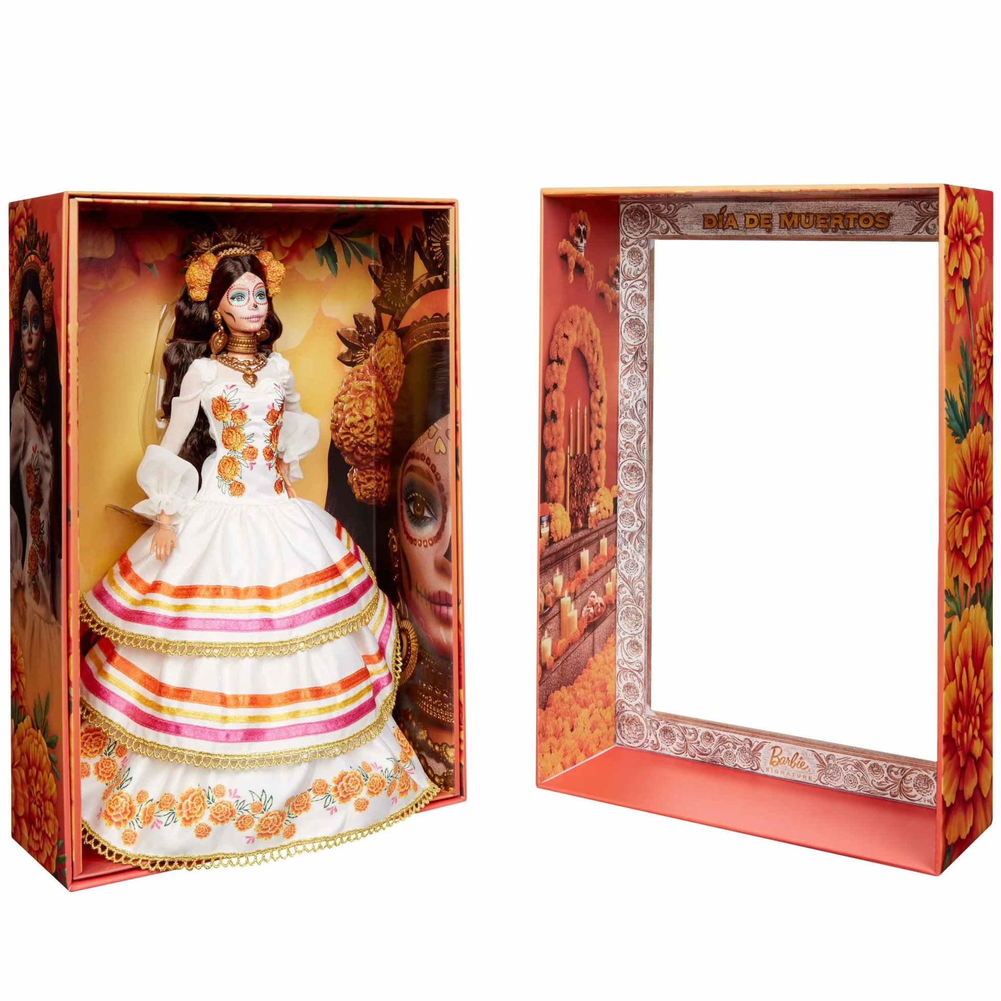 Barbie Signature Lalka Día De Muertos 2025 Kolekcjonerska lalka, kremowa suknia z detalami takimi jak falbanki, aksamitki i naszyte wstążki, kwiatowa korona i charakterystyczny makijaż czaszki, JBJ05