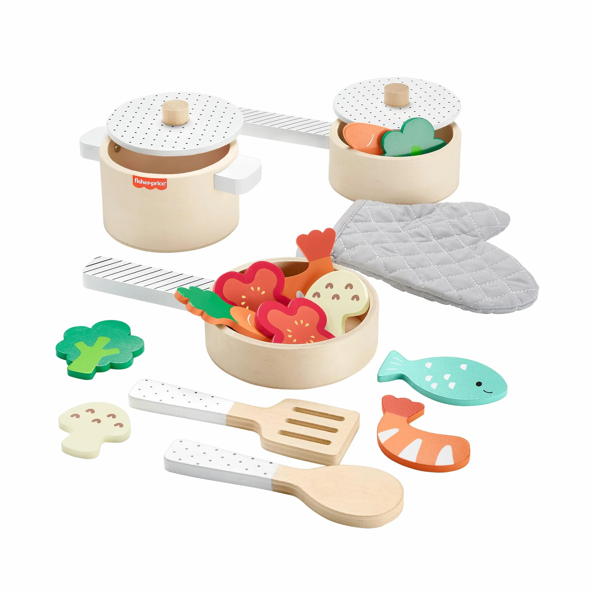 Fisher-Price Maluch gotuje Zestaw drewnianych zabawek 19 elementów, dla dzieci od 3 roku życia, HXT83