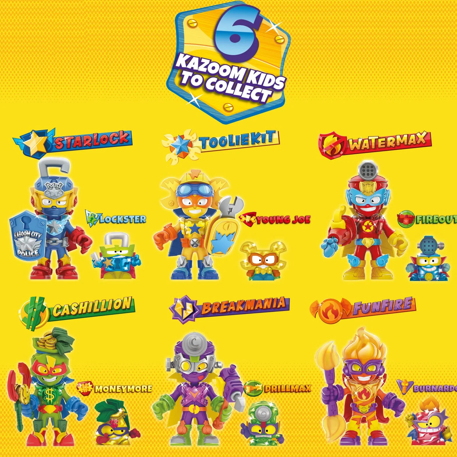SUPERTHINGS Rescue Force – Pełna kolekcja Kazoom Kids z serii Rescue Force. Każde pudełko zawiera 1 Kazoom Kida, 1 figurkę SuperThinga i 1 akcesorium bojowe