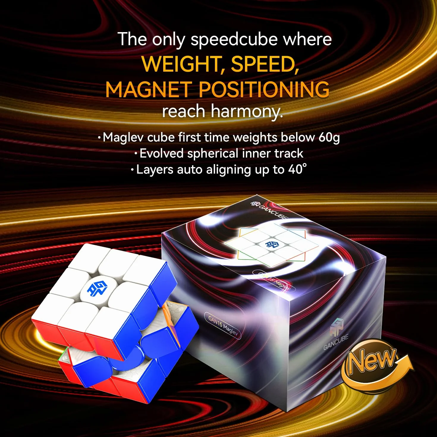 GAN15 Maglev Magnetic Cube Profesjonalna Kostka Magnetyczna 3x3, Speed Cube z 76 Magnesami/Samonastawnymi Warstwami 40 Stopni / 58,6 g,Flagowe Puzzle 2024