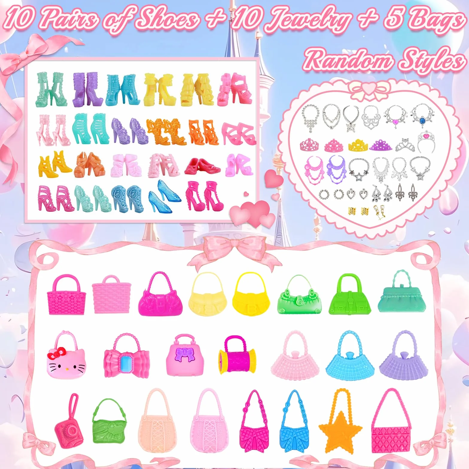 44 sztuki ubranek i akcesoriów dla lalek: 2 eleganckie sukienki, 2 suknie wieczorowe, 2 stroje (top + spodnie), 10 sukienek mini, 3 bikini, 10 par butów i 15 akcesoriów dla lalki 11,5-calowej.