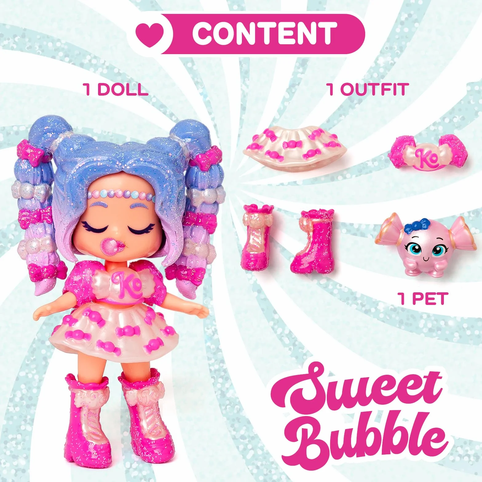 KOOKYLOOS Candy Land Series SWEET BUBBLE – laleczka do kolekcjonowania z serii Candy Land, zawartość: 1 lalka, zestaw ubrań i butów, akcesorium oraz zwierzątko,1 lalka ma 3 różne buzie!