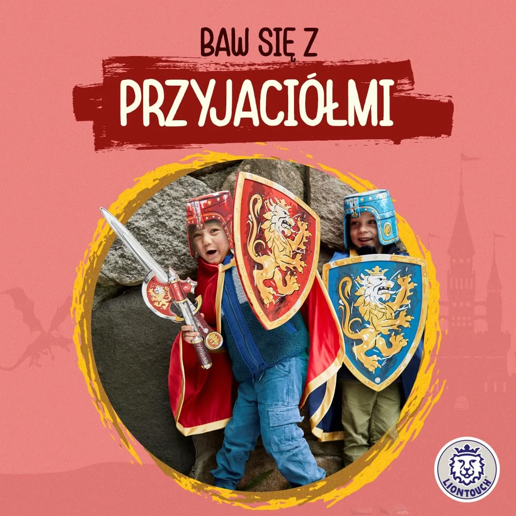 Liontouch Szlachetny kask rycerski, czerwony, średniowieczna zabawka do zabawy w formie pianki dla dzieci ze złotym lwem, trwała i bezpieczna zbroja, akcesorium do przebrania i kostiumów rycerza dla