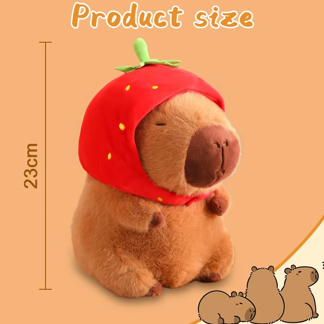 Capybara przytulanka 23 cm, kreskówka Capybara pluszowa zabawka z nakryciem głowy truskawki, urocza świnka wodna, prezent dla dorosłych i dzieci