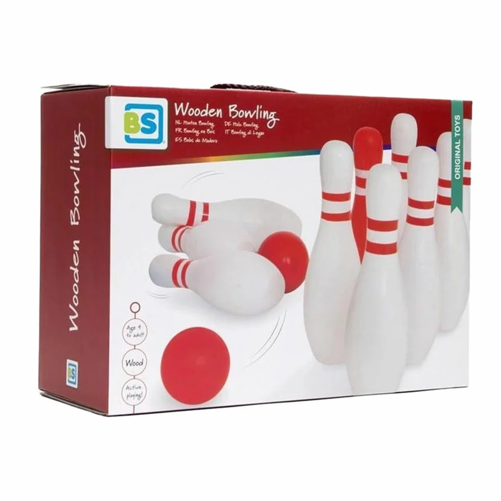 BS Toys drewniane kręgle dla dzieci i dorosłych - do użytku wewnątrz i na zewnątrz - gry planszowe - idealne dla dzieci od 3 lat - wysokiej jakości brzoza - niebieski, różowy i żółty zestaw