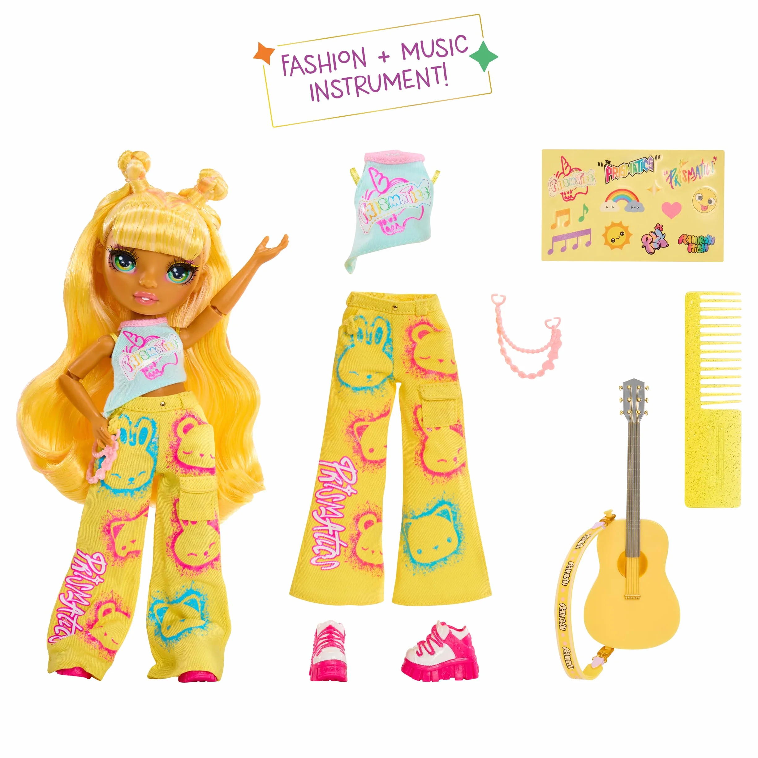 Rainbow High Junior High Rock Band - Sunny, Żółta - 23 cm Modna Lalka z Gitarą. Możliwość Personalizacji za Pomocą Naklejek, Przegubowa. Zabawka dla Dzieci od 4. Roku Życia