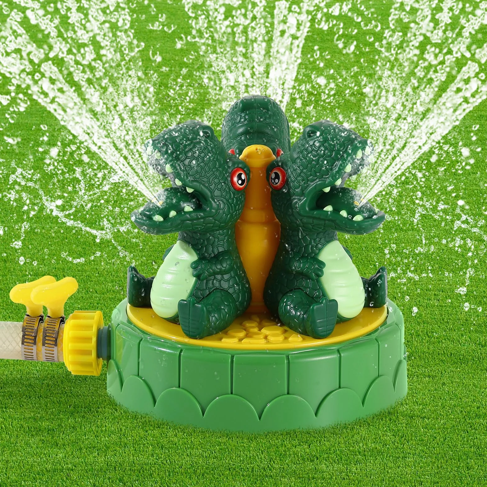 MoKo Dinosaur Sprinkler for Kids, Outdoor Water Toy Spray with 2 Hose Clamps 3 Nozzles, Summer Play for Backyard Lawn