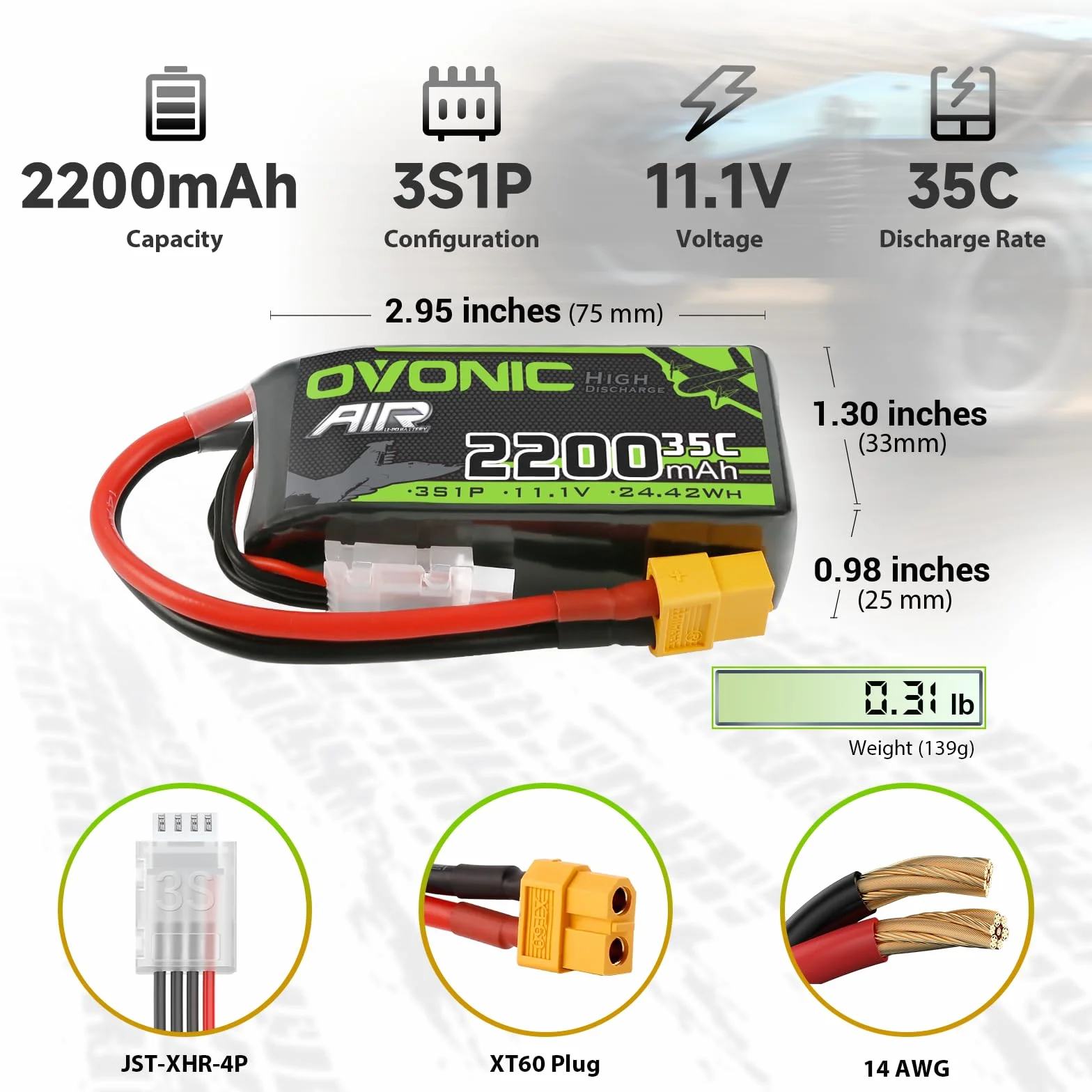 OVONIC 3S Lipo akumulator 35C 2200 mAh 11,1 V akumulator krótki zestaw z przyłączem XT60 do helikoptera samolotowego 1:14 RC Car RC samolot (2 sztuki)