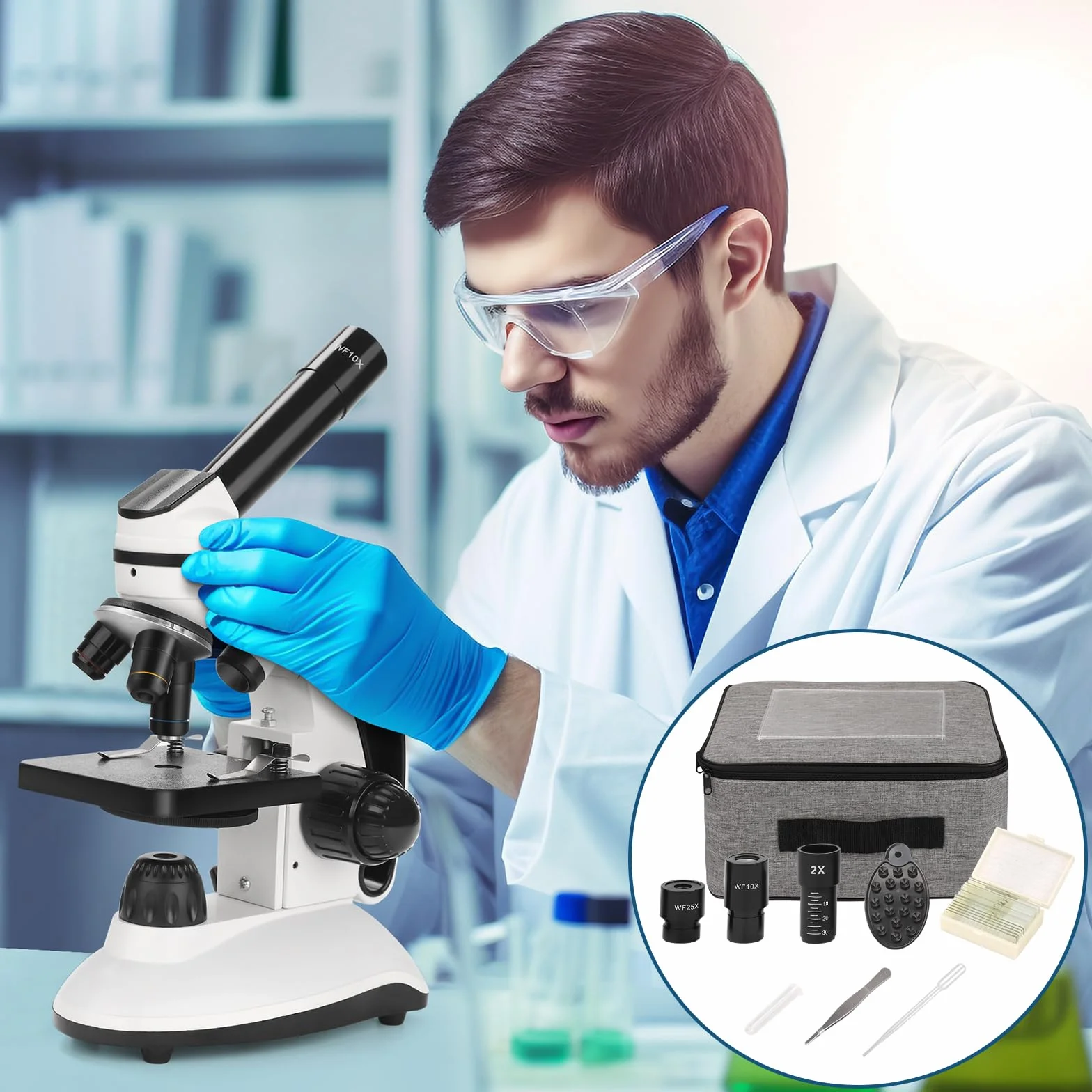 BEBANG Mikroskop dla dorosłych i dzieci, podwójna podświetlana dioda LED 40X-2000X monokular z zestawami, metalowy korpus, slajdy do laboratorium szkolnego