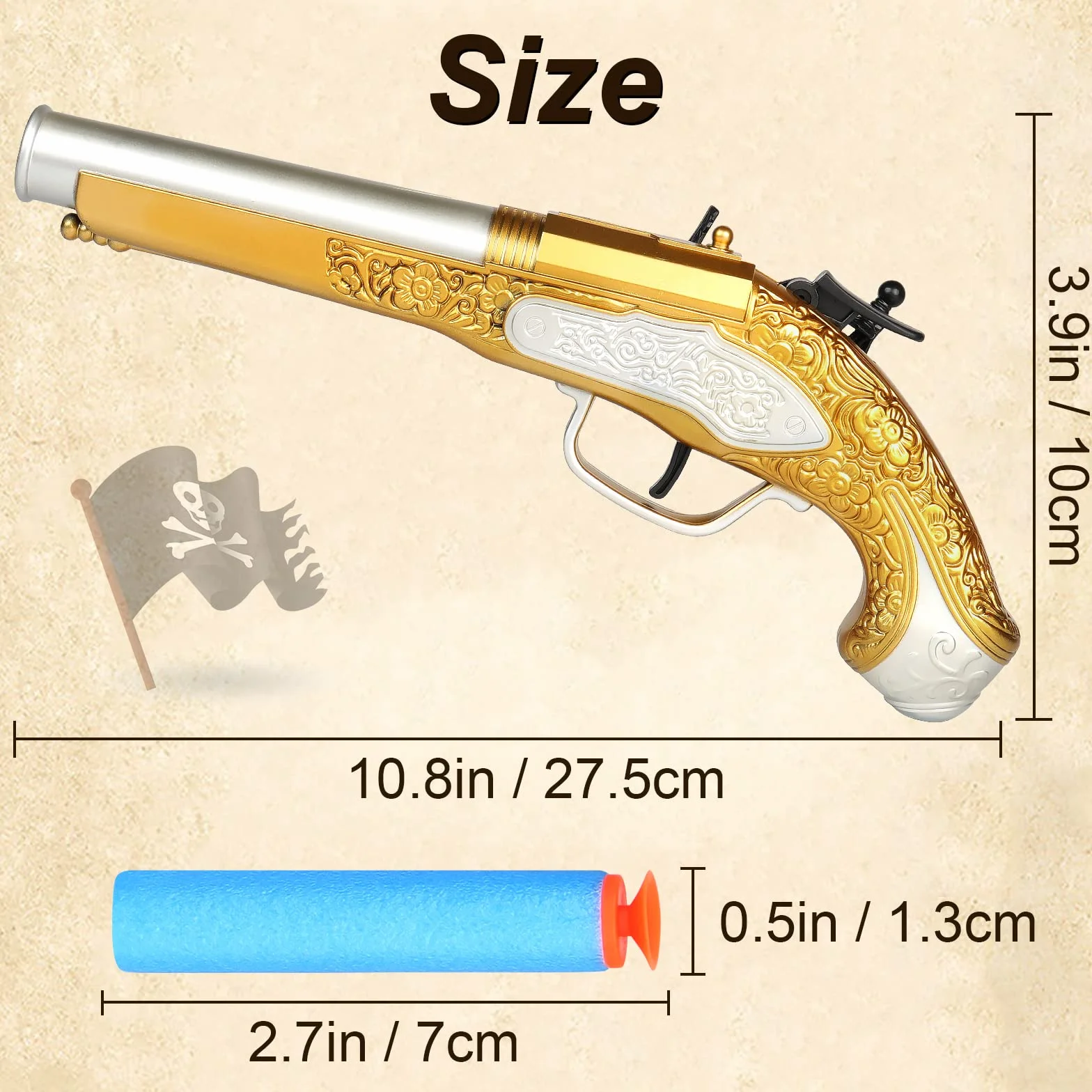 Pistolet piracki, zabawkowy pistolet dla dzieci – broń piracka z 20 miękkimi kulkami, do kostiumu pirata, broni na Halloween i karnawał, akcesoria do kostiumu pirata, 30.3 x 10.7 x 5.7 cm