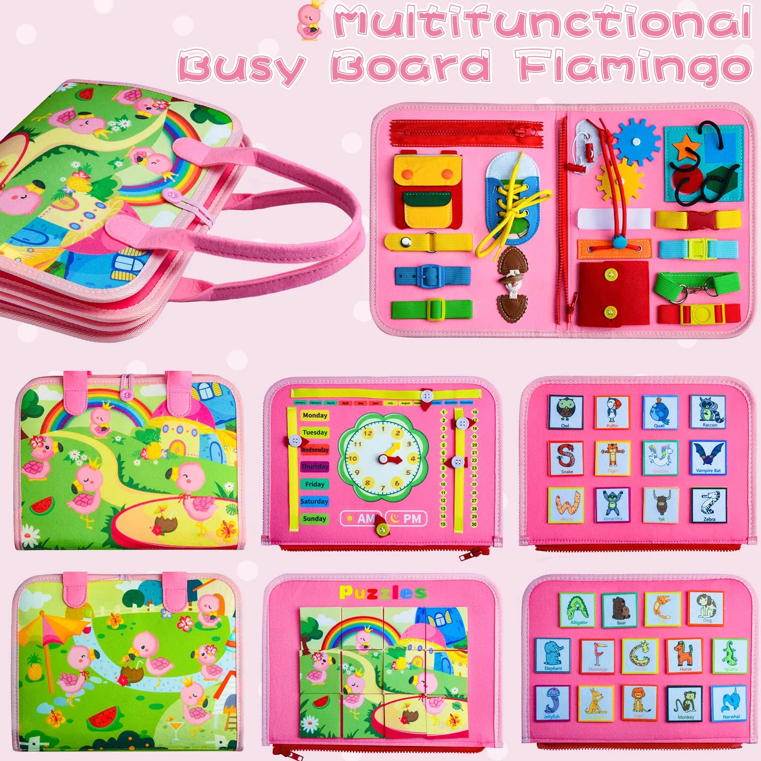 Busy Board Montessori 8 stron, gry Montessori dla dzieci 1, 2, 3 4 lata, różowa zabawka edukacyjna dla dzieci, tablica sensoryczna Montessori, tablica aktywnościowa z puzzlami