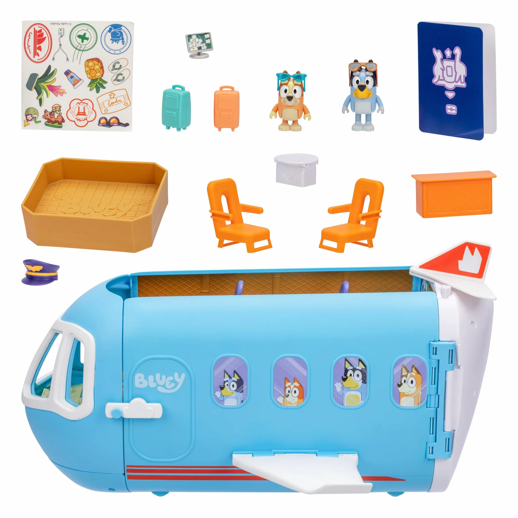 BlueY Zestaw do zabawy 3 w 1 samolot do rozkładania; przekształcenie samolotu w hotelowy kurort i łódź! Zestaw do zabawy w ośrodku wakacyjnym o szerokości 70 cm; 25+ dźwięków; 15 zabawek; 2