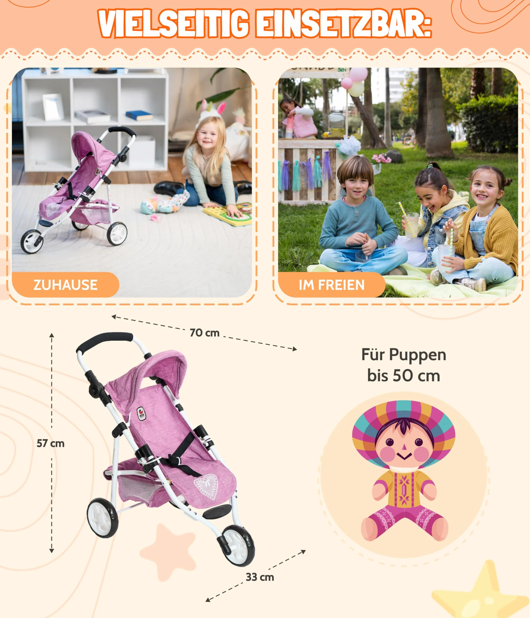 Bayer Chic 2000 - Buggy dla lalek Lola, jogger do biegania, wózek dla lalek, jednorożec, 612-43, granatowy, różowy, 70 x 33 x 62 cm