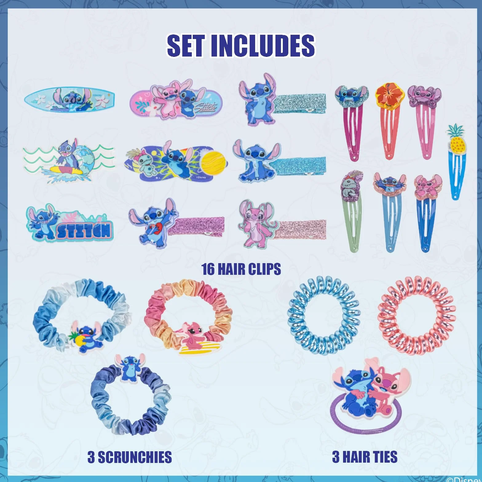 Stitch Akcesoria do Włosów 22 szt Spinki Gumki Dziewczynki 3+