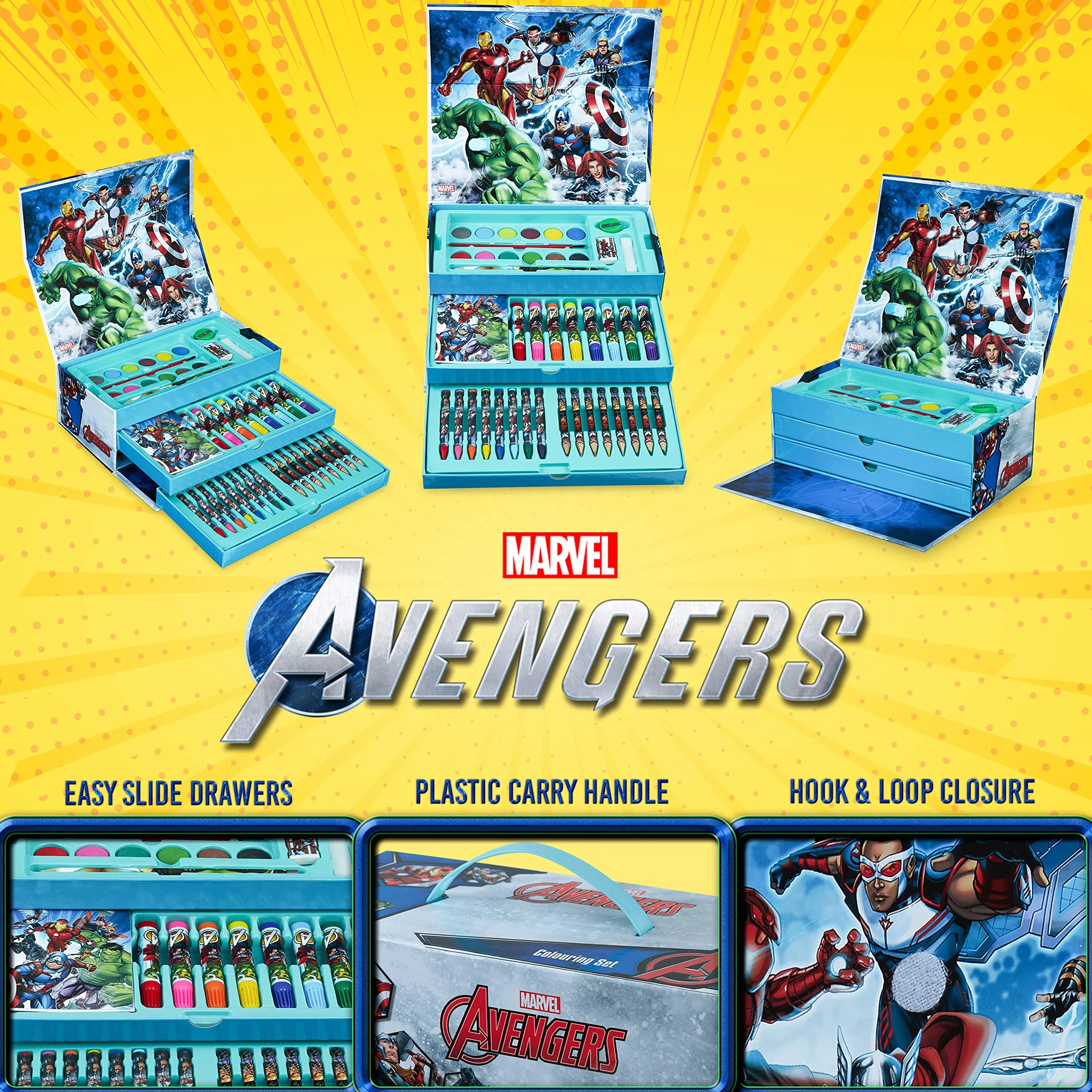 Marvel Aktówka Farby dla dzieci Spiderman Avengers z woskiem i kolorowymi kredkami 40+ sztuk (wielokolorowy Avengers)