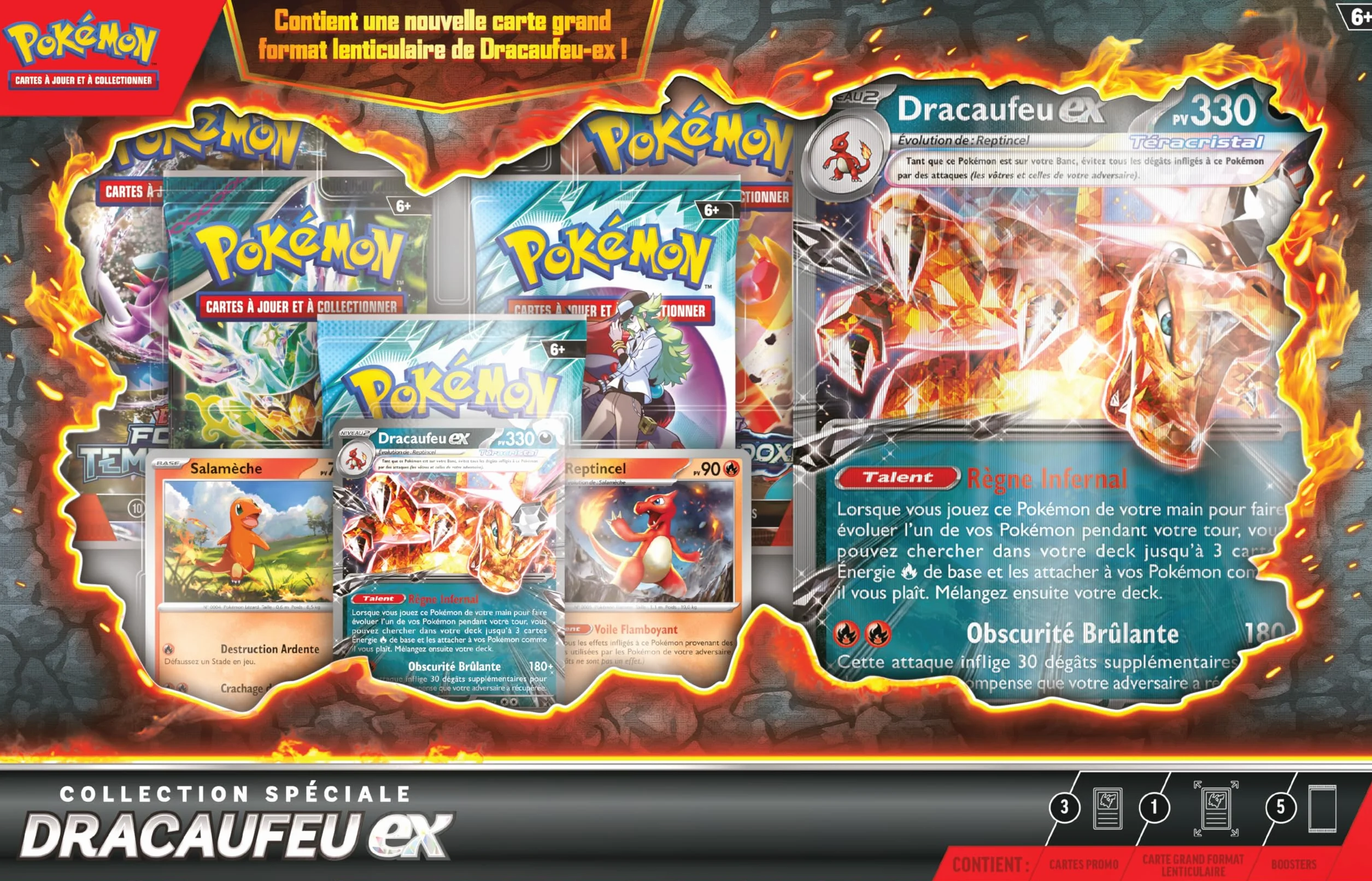Pokémon : Kolekcja specjalna Charizard Pokémon TCG (1 błyszcząca karta promocyjna, 2 błyszczące karty, 1 duża karta soczewkowa i 5 boosterów)