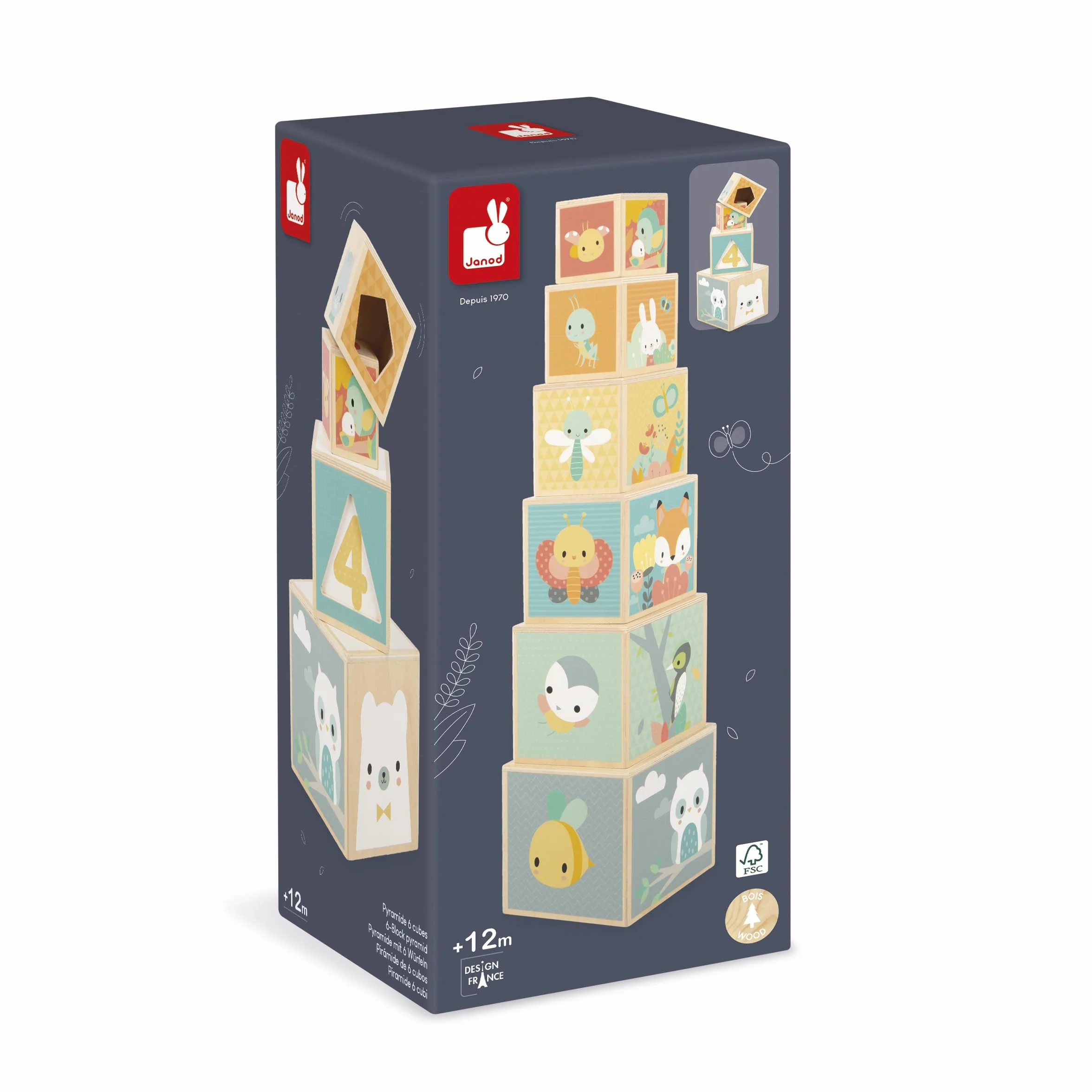 Janod Pyramide en Bois d'Éveil-6 Cubes à Empiler-Jouet d'Empilement d'Encastrement-Développe Dextérité et Imagination-Premier âge-da 12 miesięcy, J05147