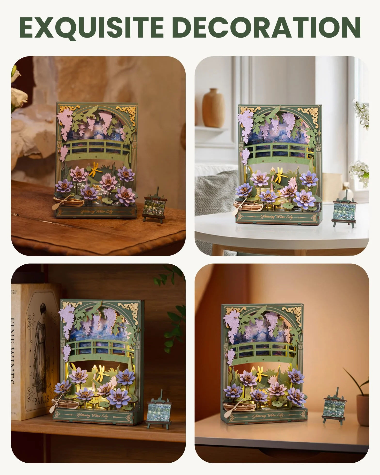 ROWOOD Drewniane puzzle 3D dla dorosłych dzieci ze światłem LED, zestaw kwiatowy wzór, dekoracja stołu lub ściany, kreatywny prezent dla kobiet mężczyzn TH001 lilia wodna