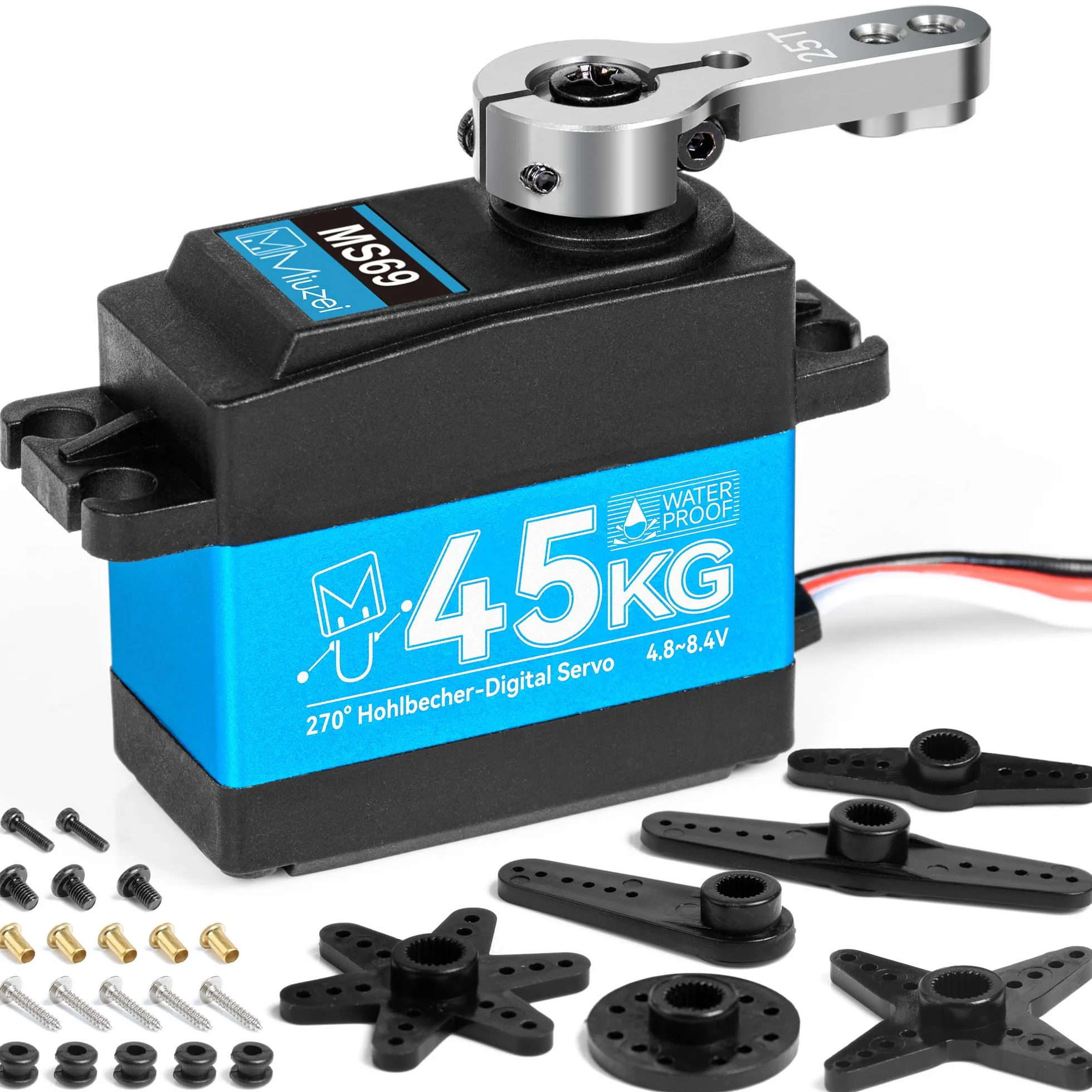 Miuzei RC Servo 45KG 270° bezrdzeniowy silnik cyfrowy serwo wysoki moment obrotowy w pełni metalowa skrzynia biegów do samochodu 1/8 1/10 1/12 ramię robota łodzi wodoodporna 4,8-6,0-8,4 V przekładnia