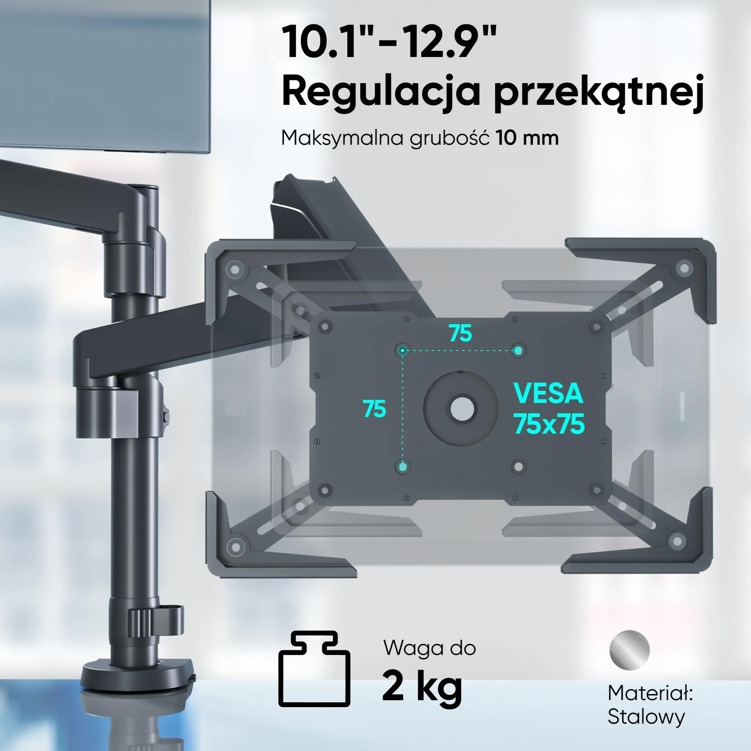 ONKRON VESA adapter do tabletów 10,1-12,9 cala, uniwersalny uchwyt na tablet z obrotem 360°, 75x75 VESA, czarny APM-13T