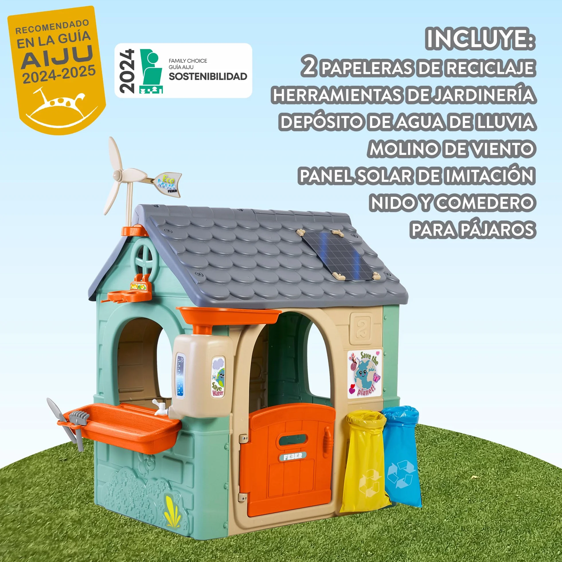 FEBER - Recycle Eco House, domek dziecięcy wykonany z tworzywa sztucznego z recyklingu, drzwi składane, jasne i odporne na światło słoneczne kolory, łatwy montaż, od 3 lat, słynny (FEH26000)