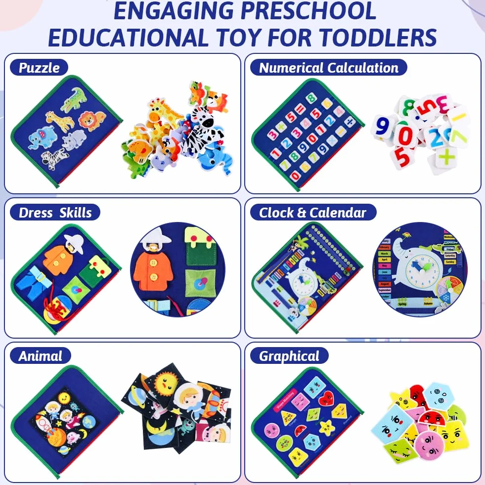 Busy Board Montessori zabawka edukacyjna dla dzieci 1, 2, 3, 4 lata, 10 w 1, zabawki edukacyjne, zabawki rozwojowe, zabawki podróżne dla dzieci, prezent dla chłopca, dziewczynki, niebieska