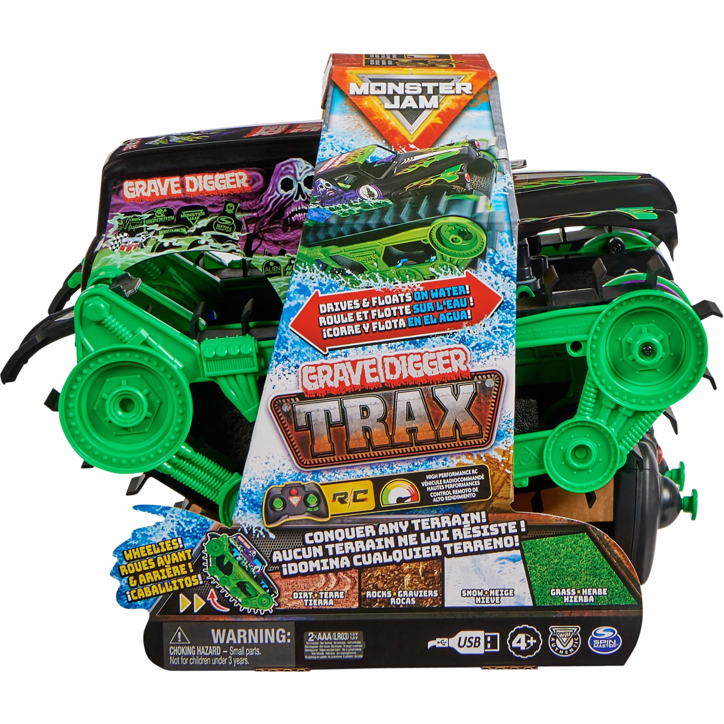 Monster Jam, Grave Digger Trax – bardzo mocny, zdalnie sterowany pojazd łańcuchowy Monster Jam w skali 1:15, do terenu terenowego na lądzie i w wodzie – odpowiedni dla chłopców i dziewczynek od 4 lat