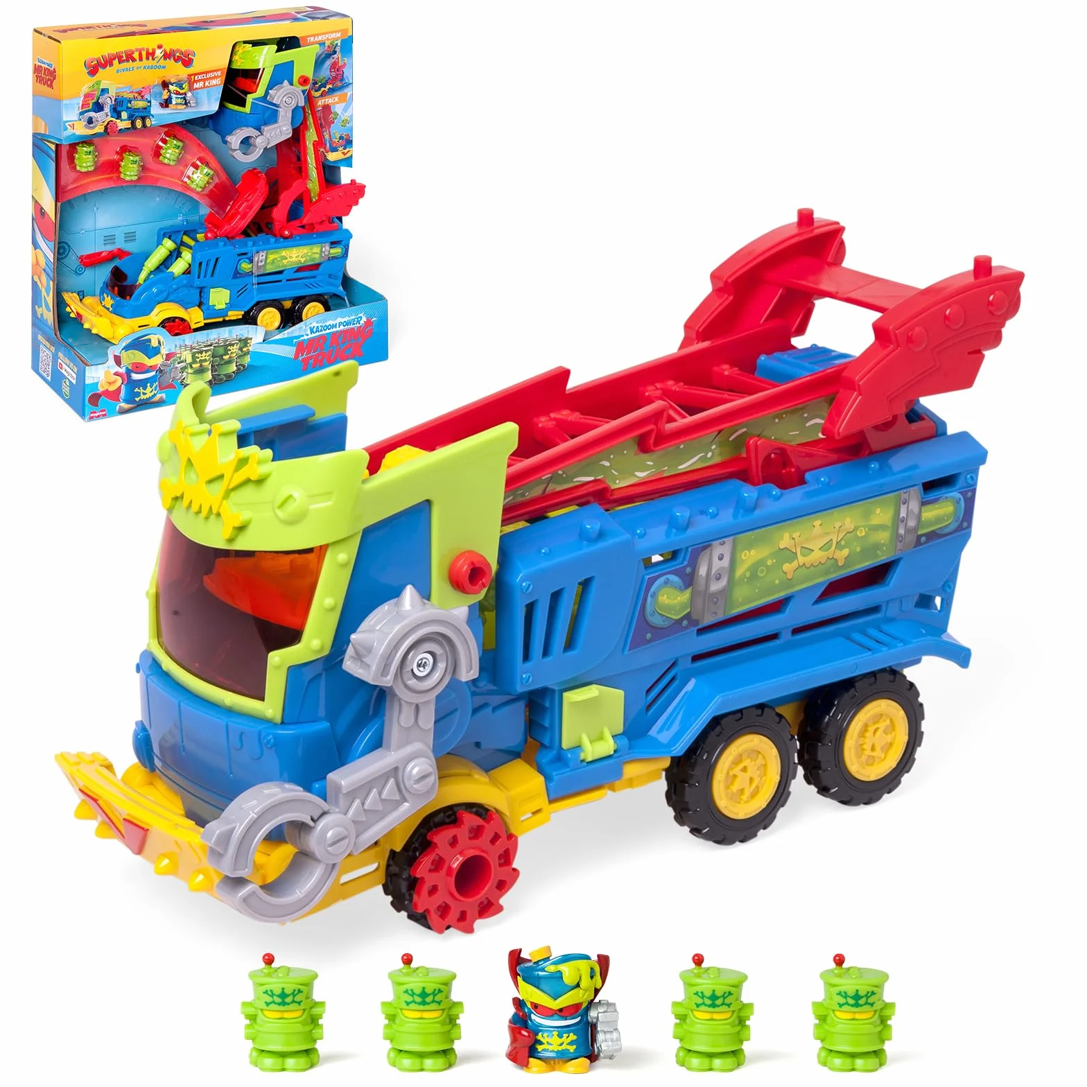 SUPERTHINGS Kazoom Power Mr King Truck — pojazd złoczyńcy z wyrzutnią pocisków, 6 cyfrow: Ekskluzywny Mr King + 4 robotoksyki, zabawka dla dzieci w wieku 3–8 lat