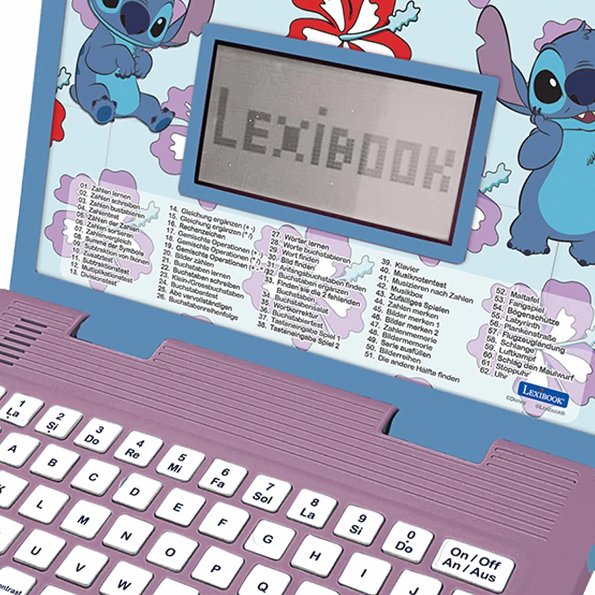 LEXIBOOK, Disney Stitch Niemiecki/Angielski dwujęzyczny komputer edukacyjny, zabawka dla dzieci z 124 językami, pisanie, matematyka, logika, zajęcia muzyczne i gry, fioletowy/niebieski, JC598Di3