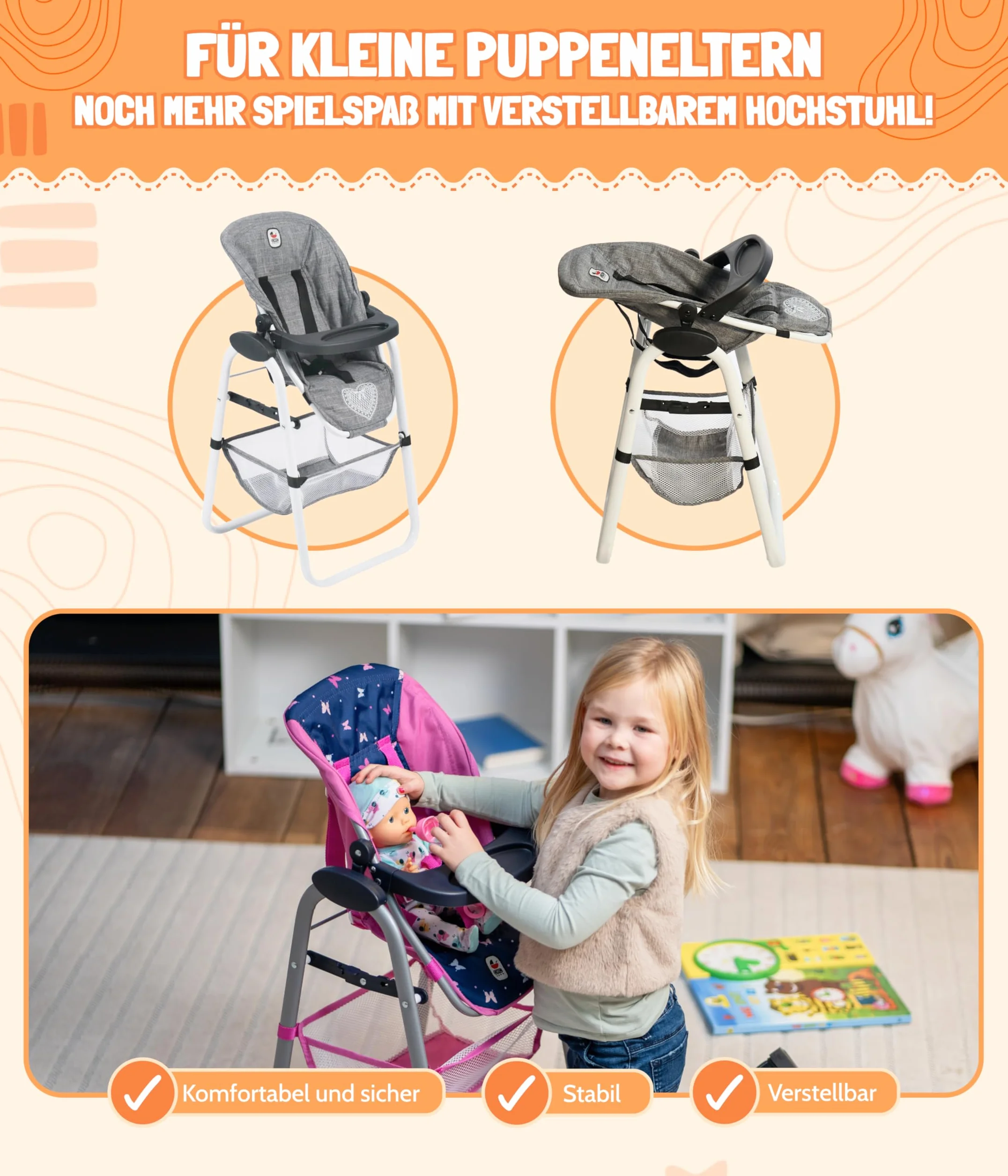 Bayer Chic 2000 655-43 Wysokie krzesło dla lalek, jednorożec, granatowo-różowy