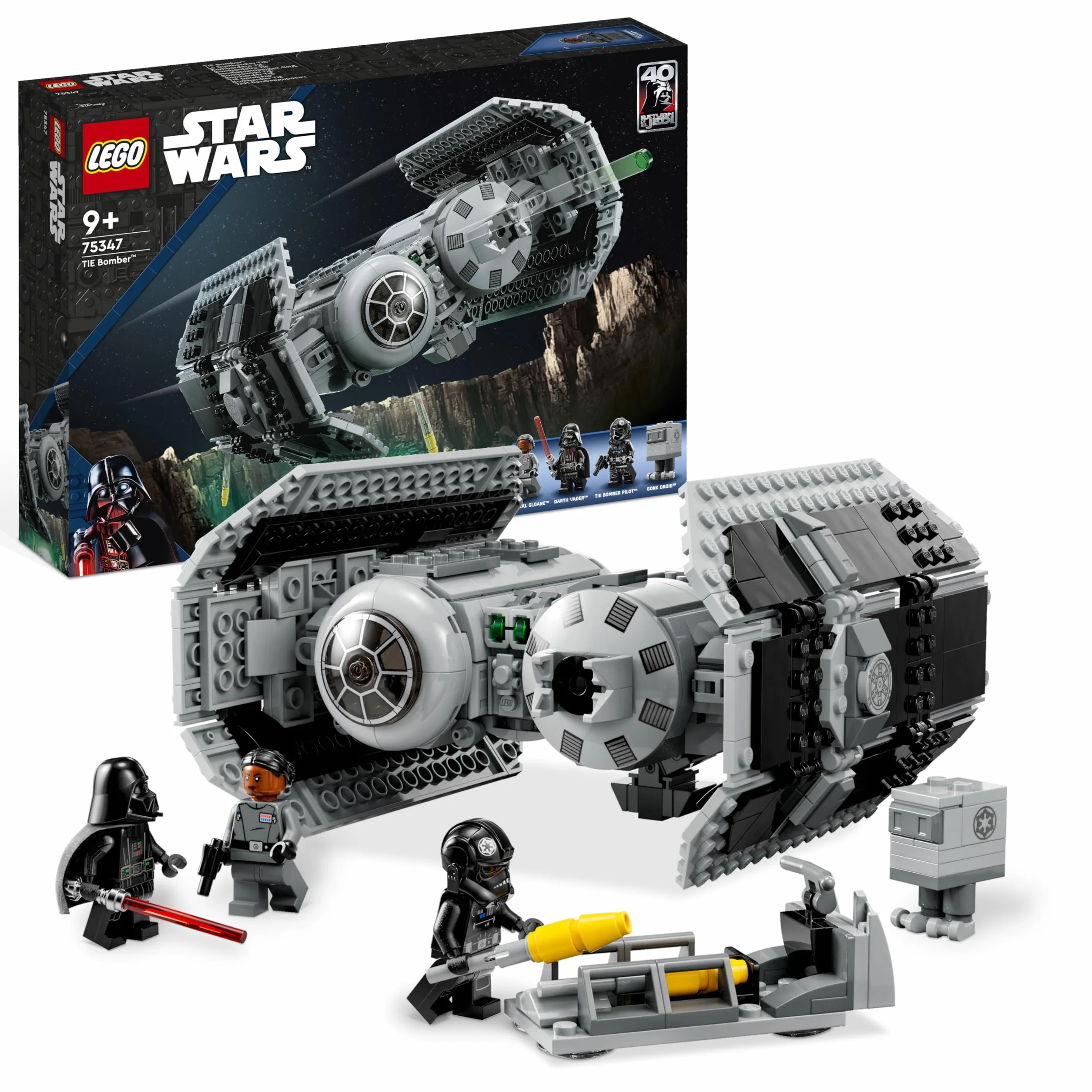 LEGO Star Wars Bombowiec TIE Model z Klocków, Zabawka dla Dziecka, Statek Gwiezdny z Minifigurką Dartha Vadera z Mieczem Świetlnym i Figurką Droida GNK, Pomysł na Prezent, 75347