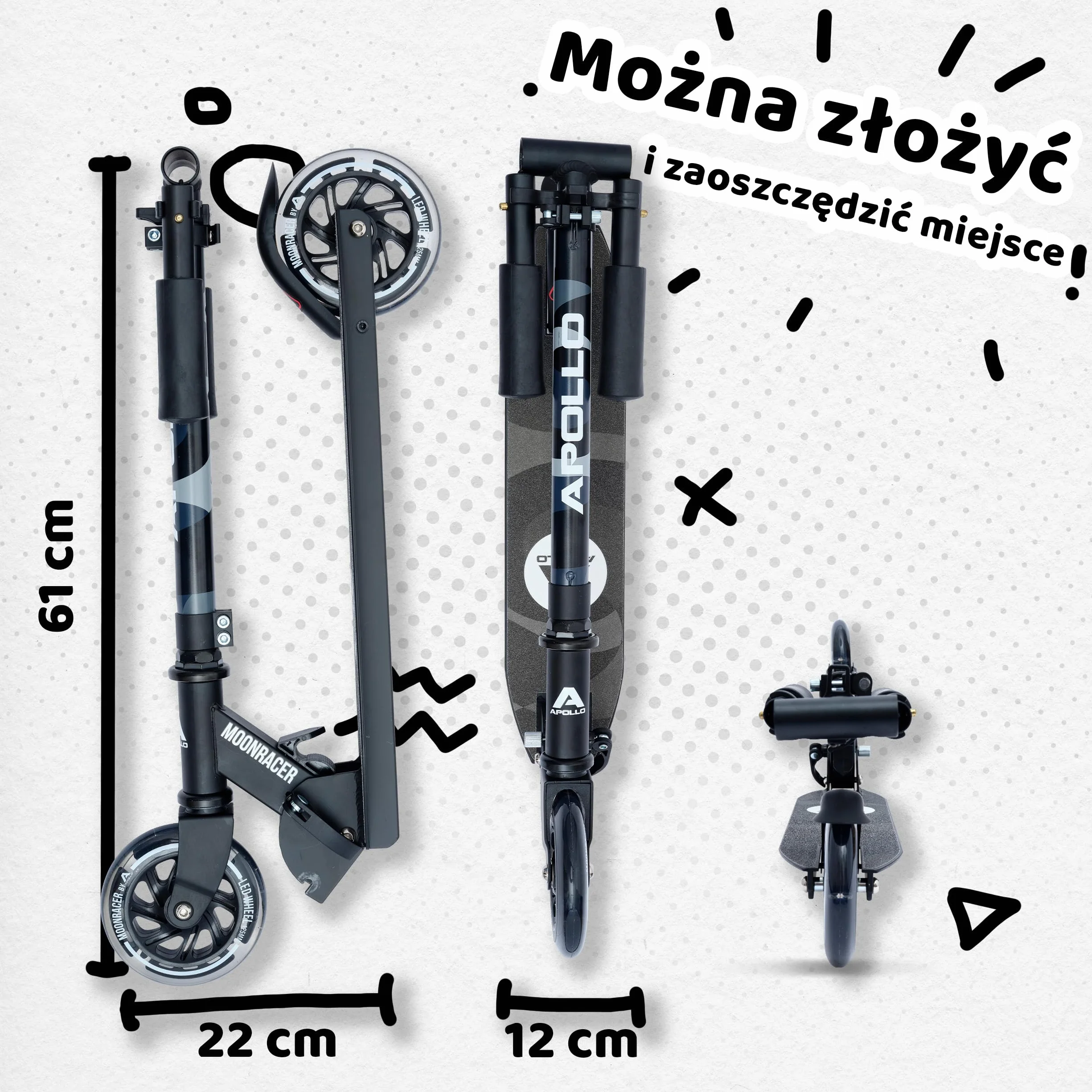 Apollo Hulajnoga dla Dzieci LED Moonracer, Składana Hulajnoga Dziecięca, Hulajnoga dla Dziewczynki i Chłopca, Hulajnoga dla 4 Latka, Hulajnoga Led Świecące Koła, Składana Hulajnoga