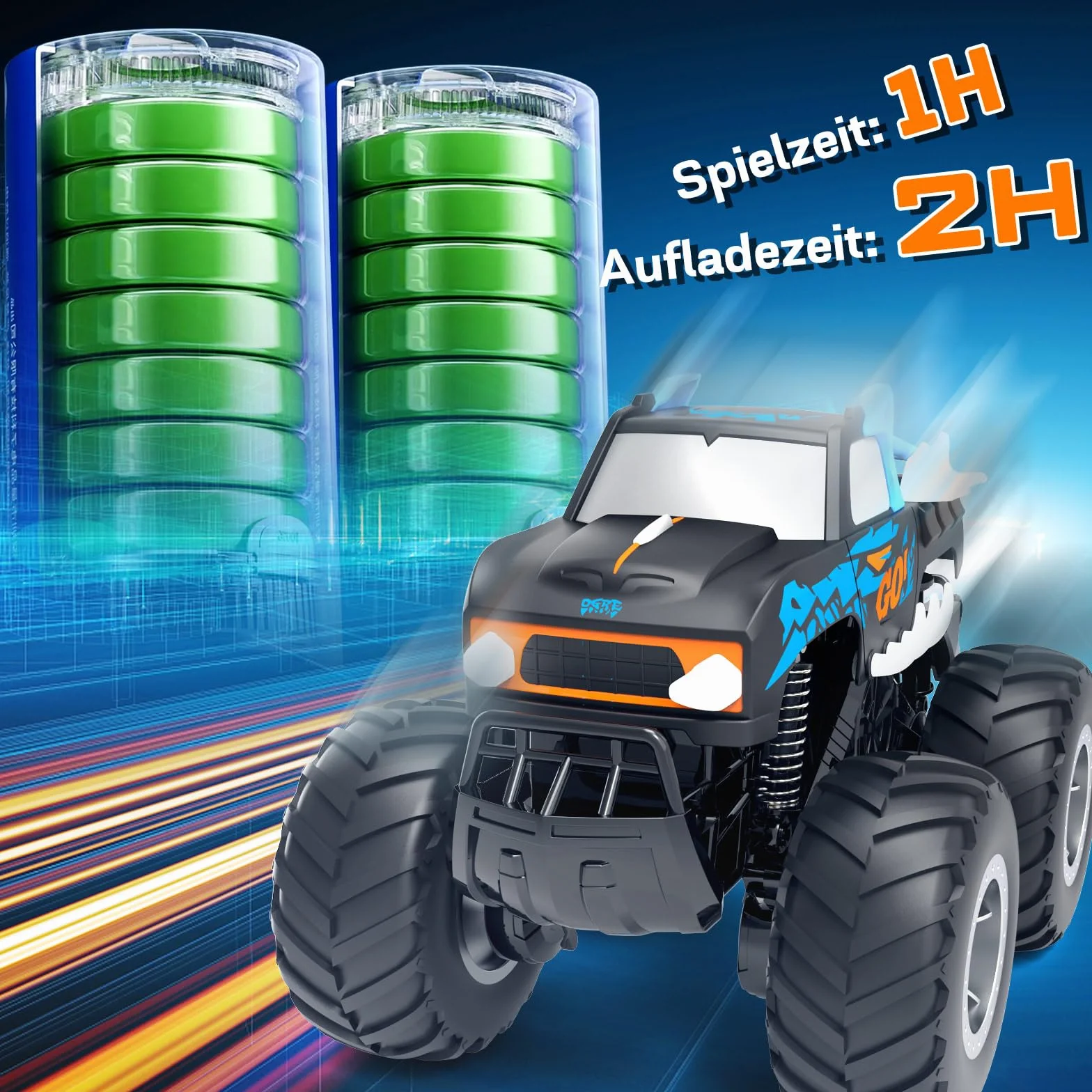 Gindoly Zdalnie sterowany samochód, 2,4 GHz, monster truck, 4WD 15+ km/h, hobby, offroad, samochód RC, wodoszczelny, samochód terenowy, z 2 bateriami, zabawka dla dzieci od 6, 7, 8, 9, 10, 11, 12 lat