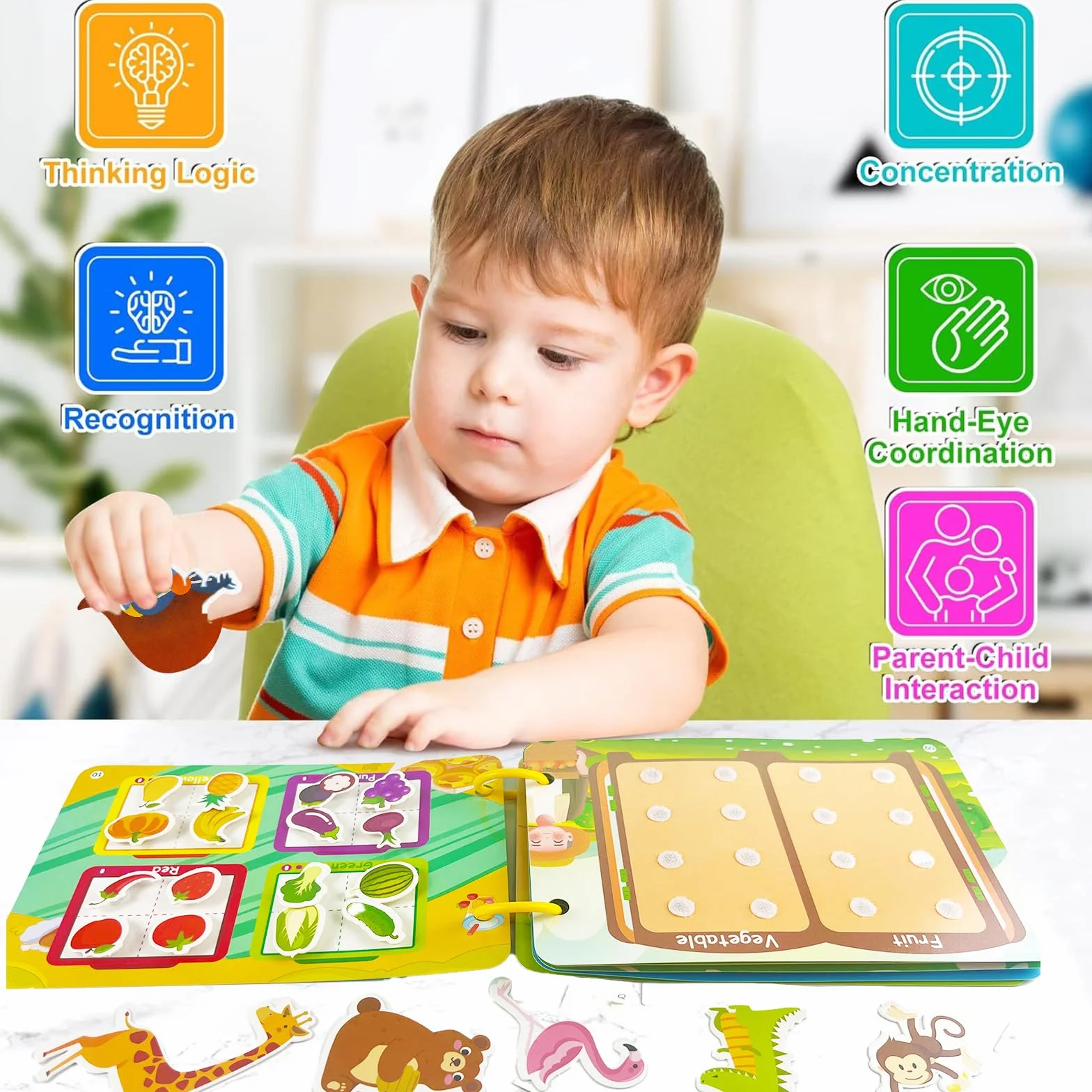 Montessori książka z ćwiczeniami dla małych dzieci, książka do nauki ze zwierzętami i dinozaurami, pojazdy, owoce i warzywa, puzzle i gry, 1-2 lata