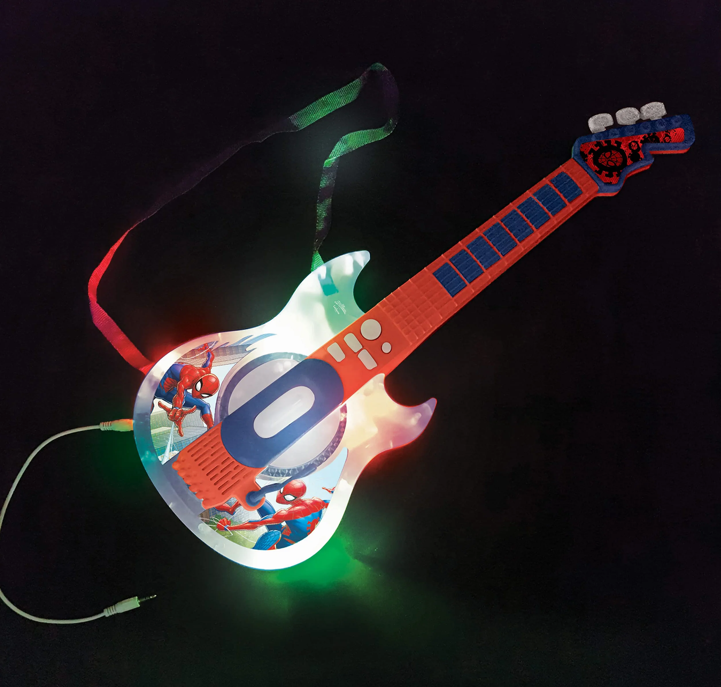 Lexibook K260SP Spider-Man Elektroniczna Gitara Oświetleniowa z Mikrofonem, Okulary z Mikrofonem, Utwory Demonstracyjne, 2 Tryby Gry, Wtyczka Mp3, Niebieski, Czerwony