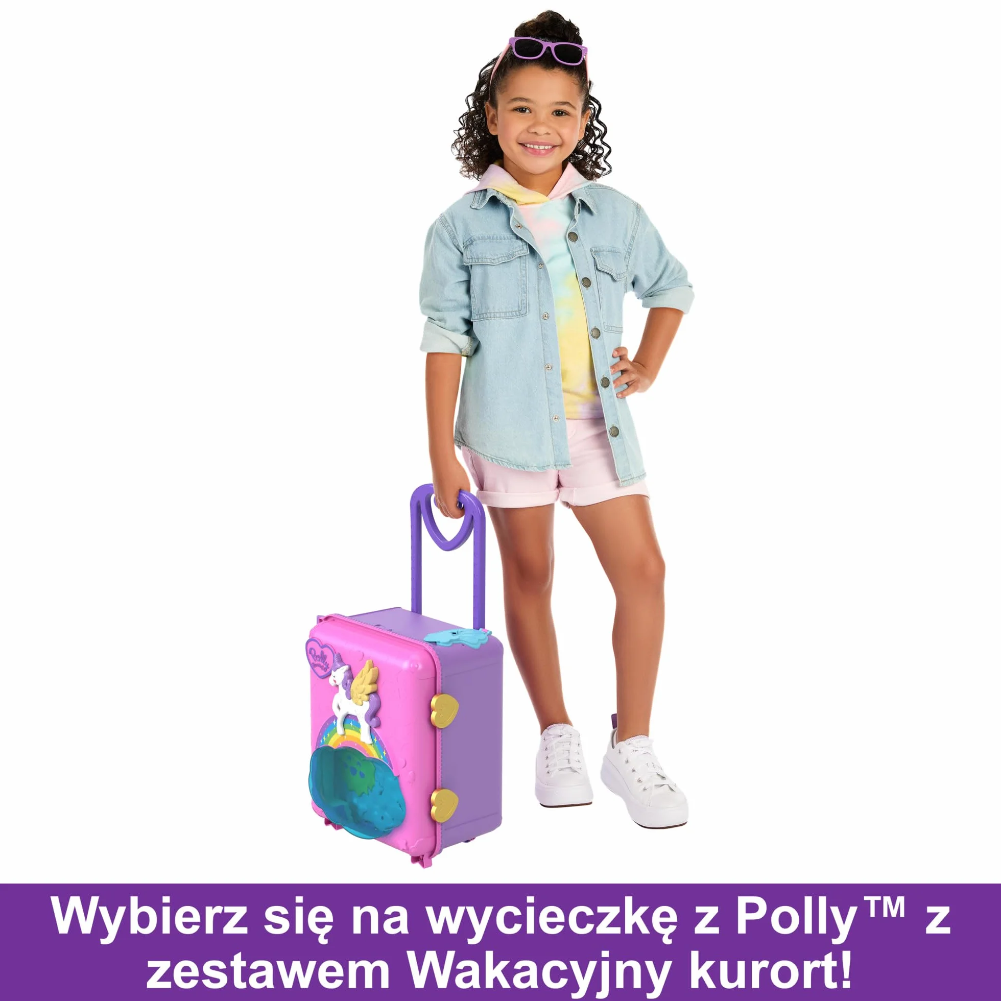 Polly Pocket Wakacyjny kurort Zestaw Walizka z 4 lalkami, 1 pojazdem i ponad 25 akcesoriami, HKV43